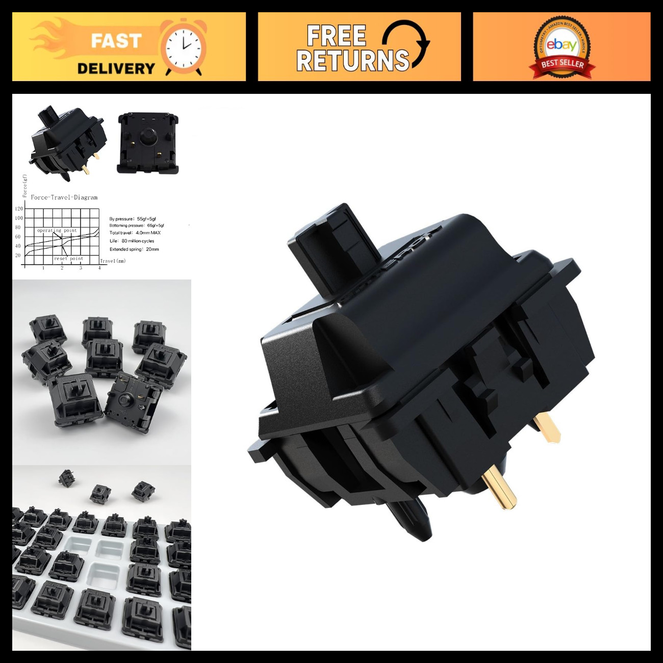Pre-Lubed Linear Keyboard Switches - Gateron Oil King V2, 36 Pcs, Smooth & Durab