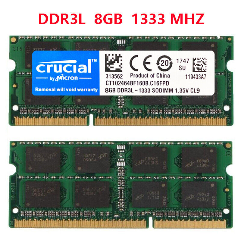 CRUCIAL DDR3L 16GB (8GB x2) 1333mhz PC3L-10600 Laptop SODIMM Memory RAM DDR3
