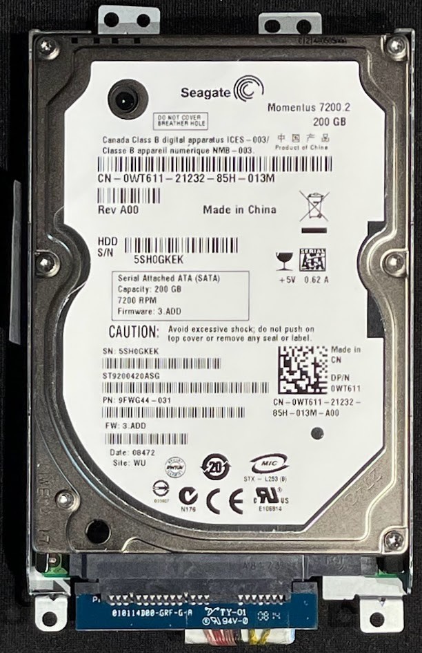 Seagate Momentus 200GB 7200RPM 2.5" SATA HDD / ST9200420ASG / WT611 / G100F