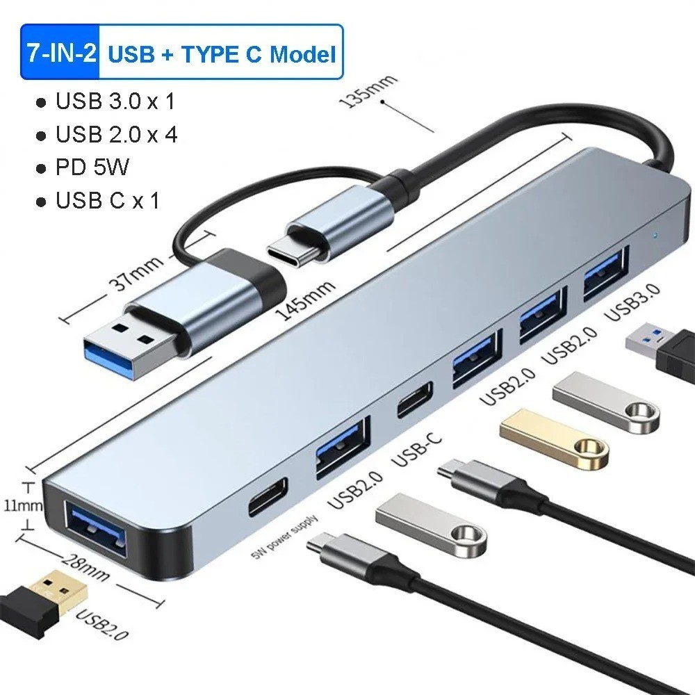 8 in 2Port USB-C Hub Adapter - 5G Speed Multi Splitter for PC, Laptop & MacBook