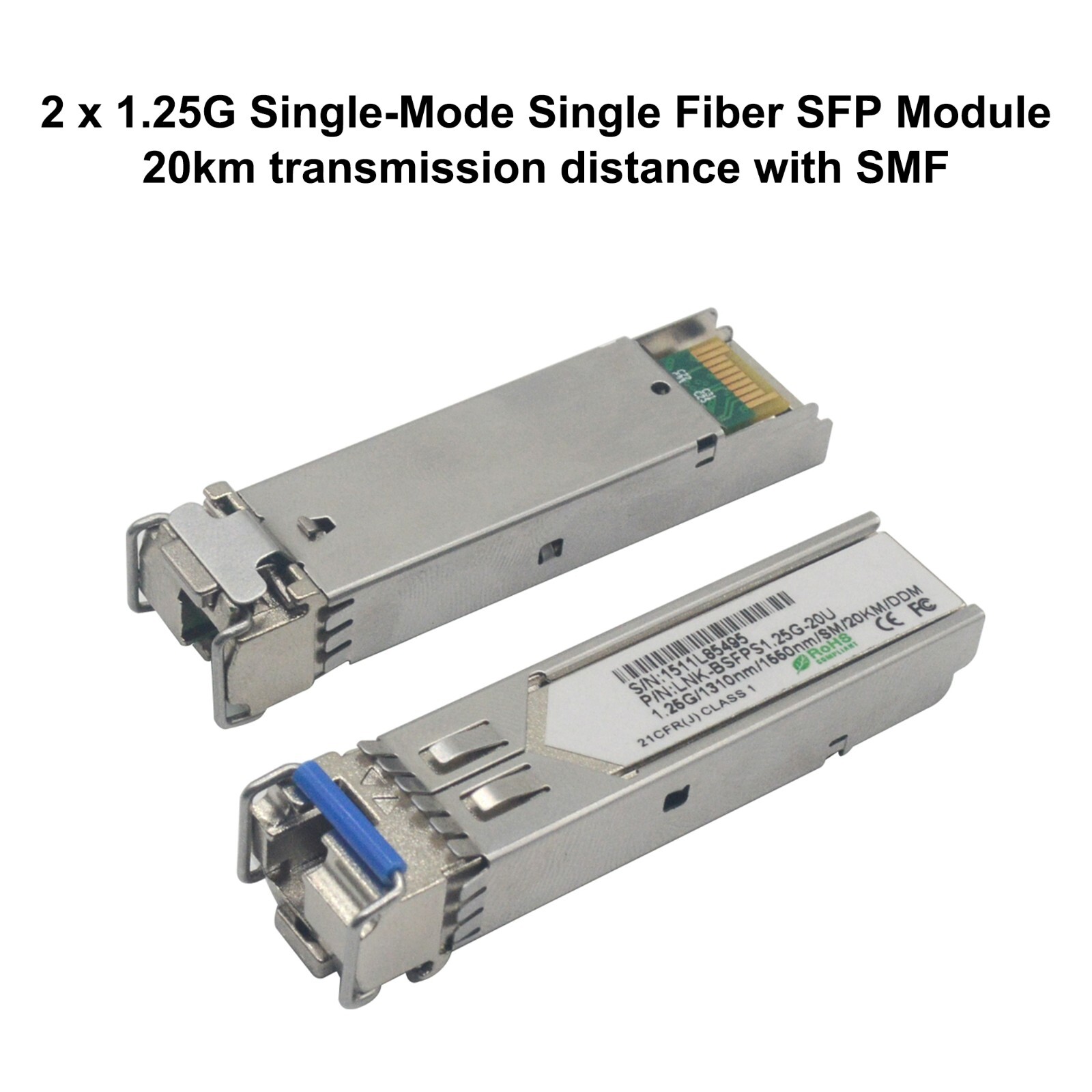 1.25Gbps Single-Mode LC Module SFP, 20km Reach, 1310nm TX/1550nm RX, DDM Support