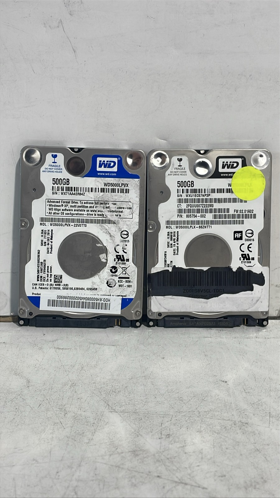 Western Digital WD5000LPVX & WD5000LPLX 500GB 2.5-Inch SATA III HDD Lot of 2