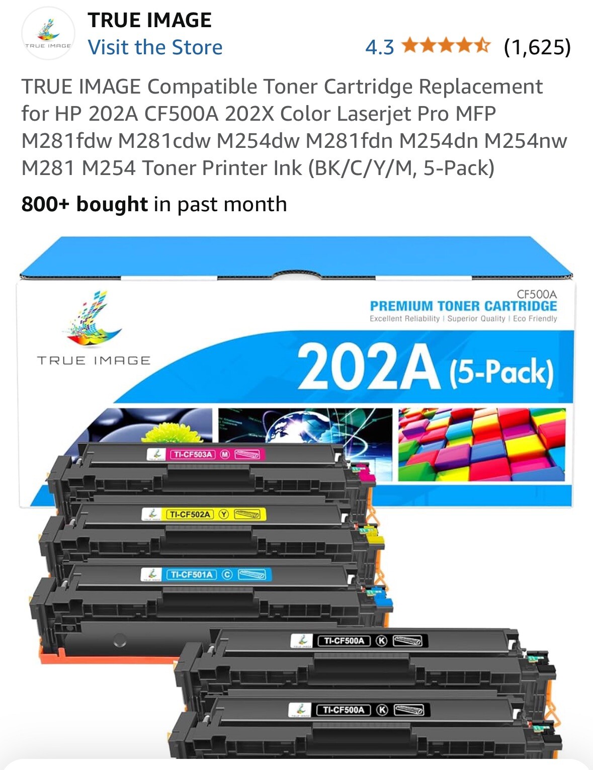 Sealed True Image Compatible 4 Pack Color Toner Cartridge HP  202A- NEW OPEN BOX