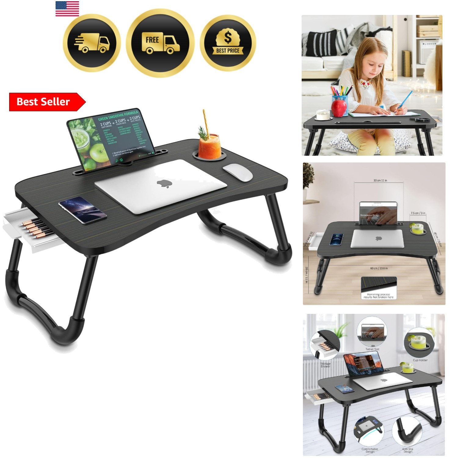 Foldable Laptop Bed Table Multi-Function Lap Serving Tray Dining Table with S...