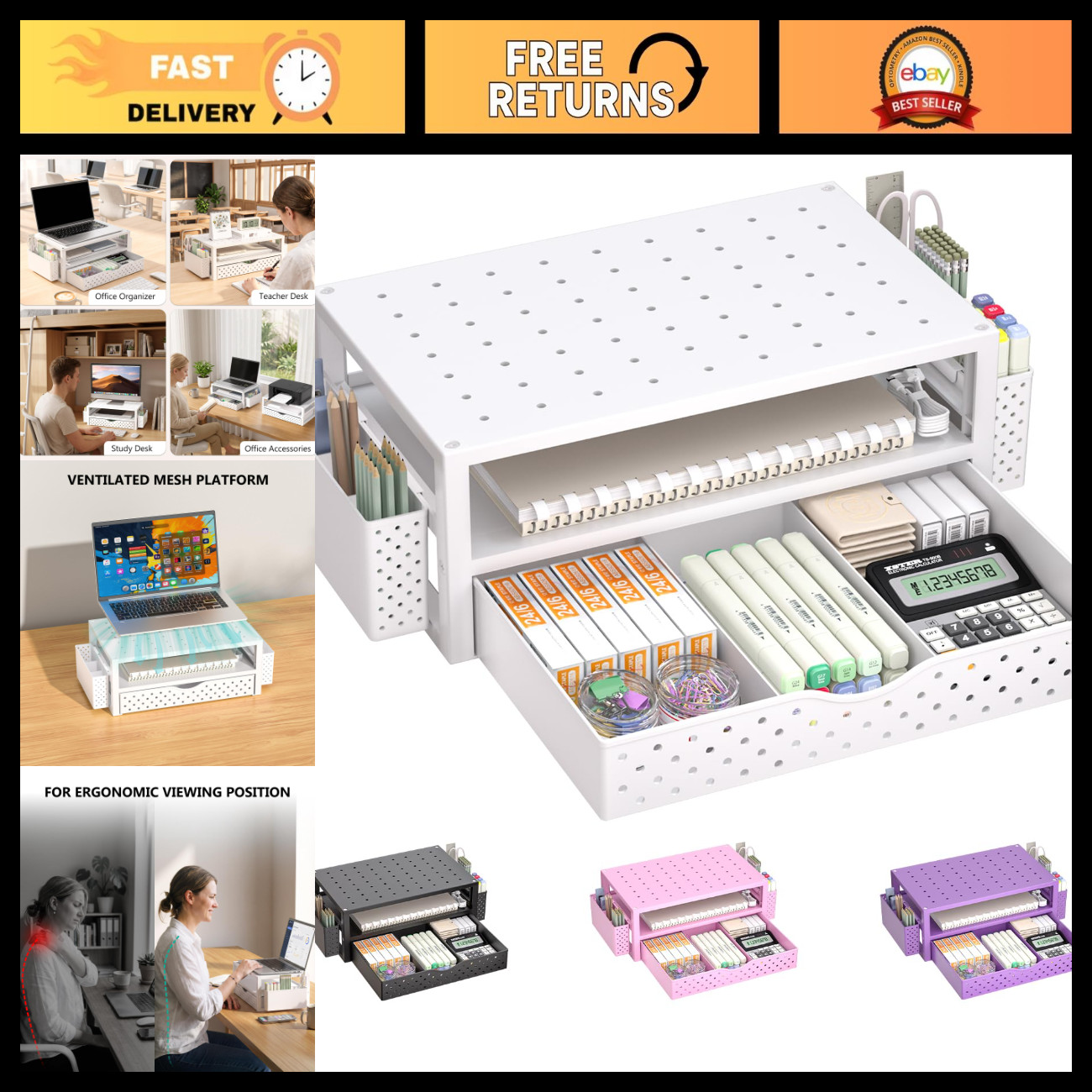 3-Tier Desk Organizer with Drawer & Pen Holder, Laptop Monitor Stand Riser, Whit