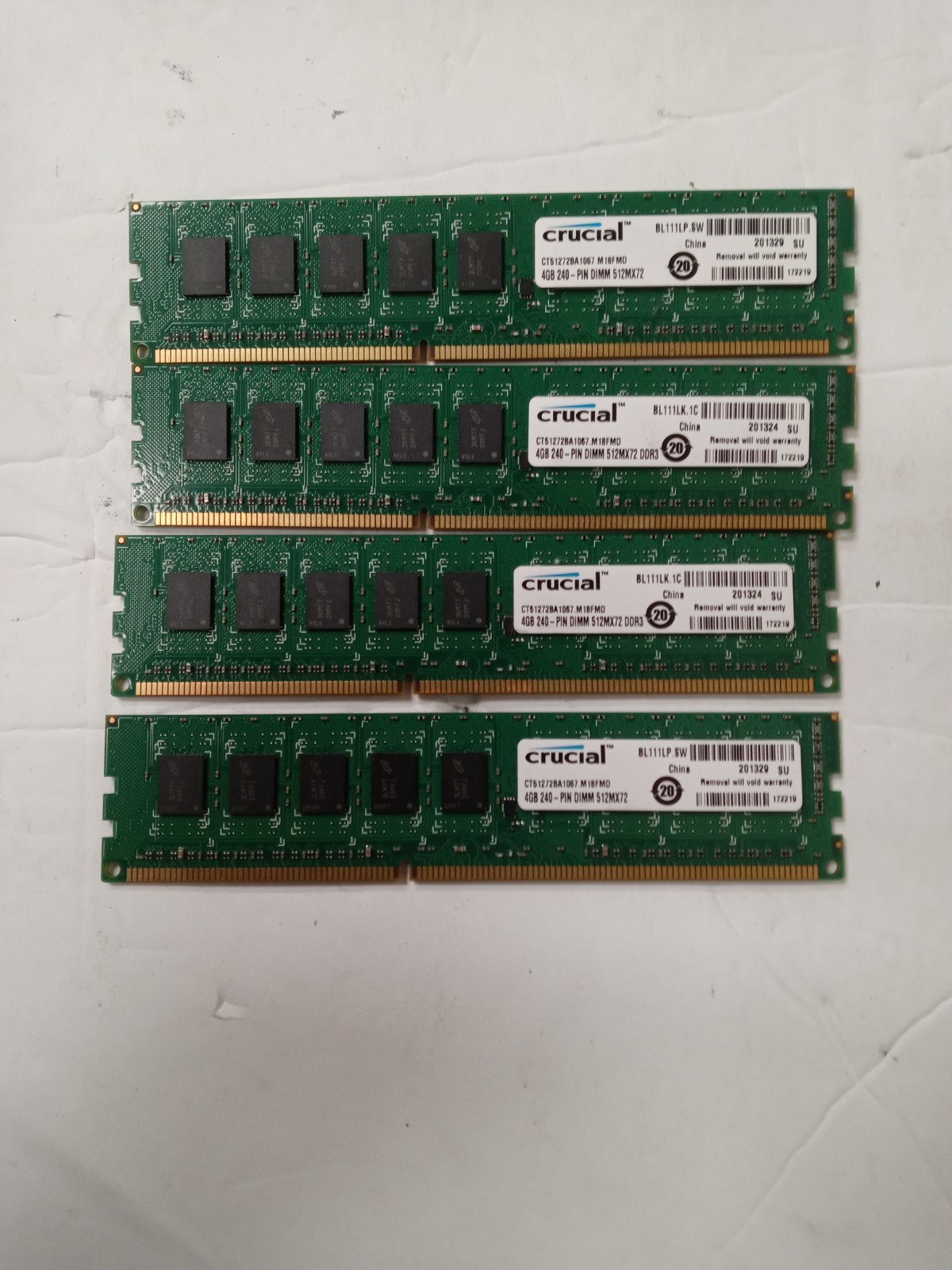 CRUCIAL CT51272BA1067.M18FMD 4GB 240 PIN DIMM 512MX72 DDR3 RAM (LOT OF 4)