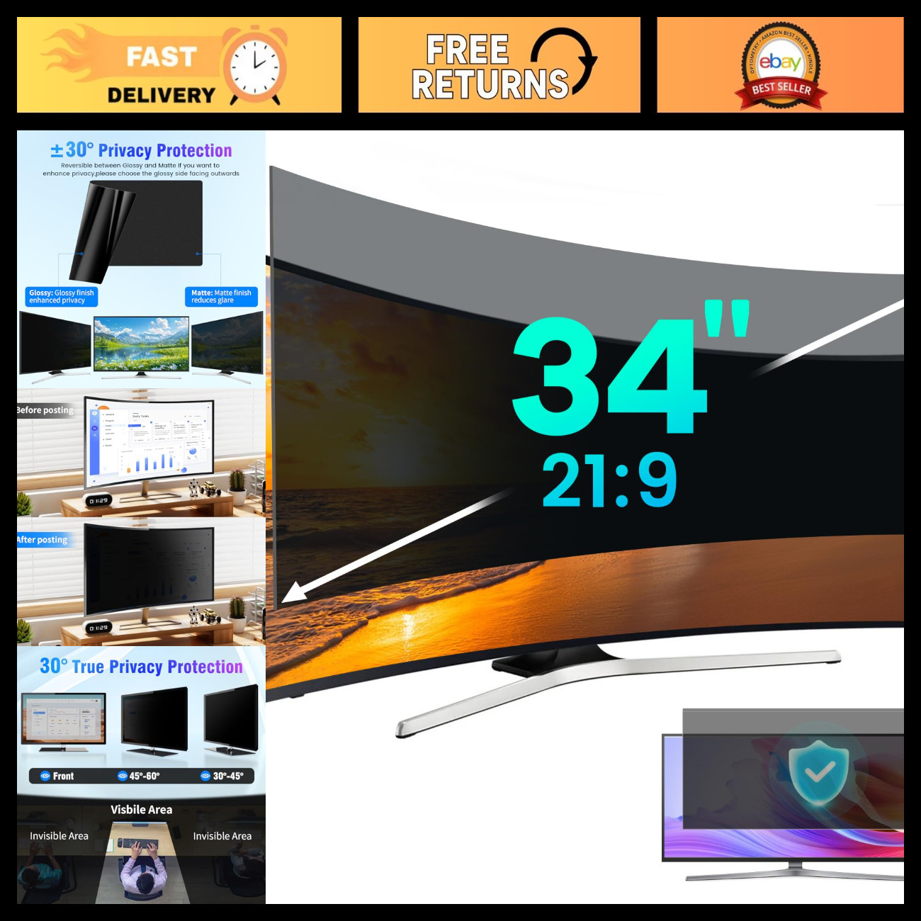 34" Computer Privacy Screen Filter for 21:9 Widescreen Monitor - Anti-Glare, Blu