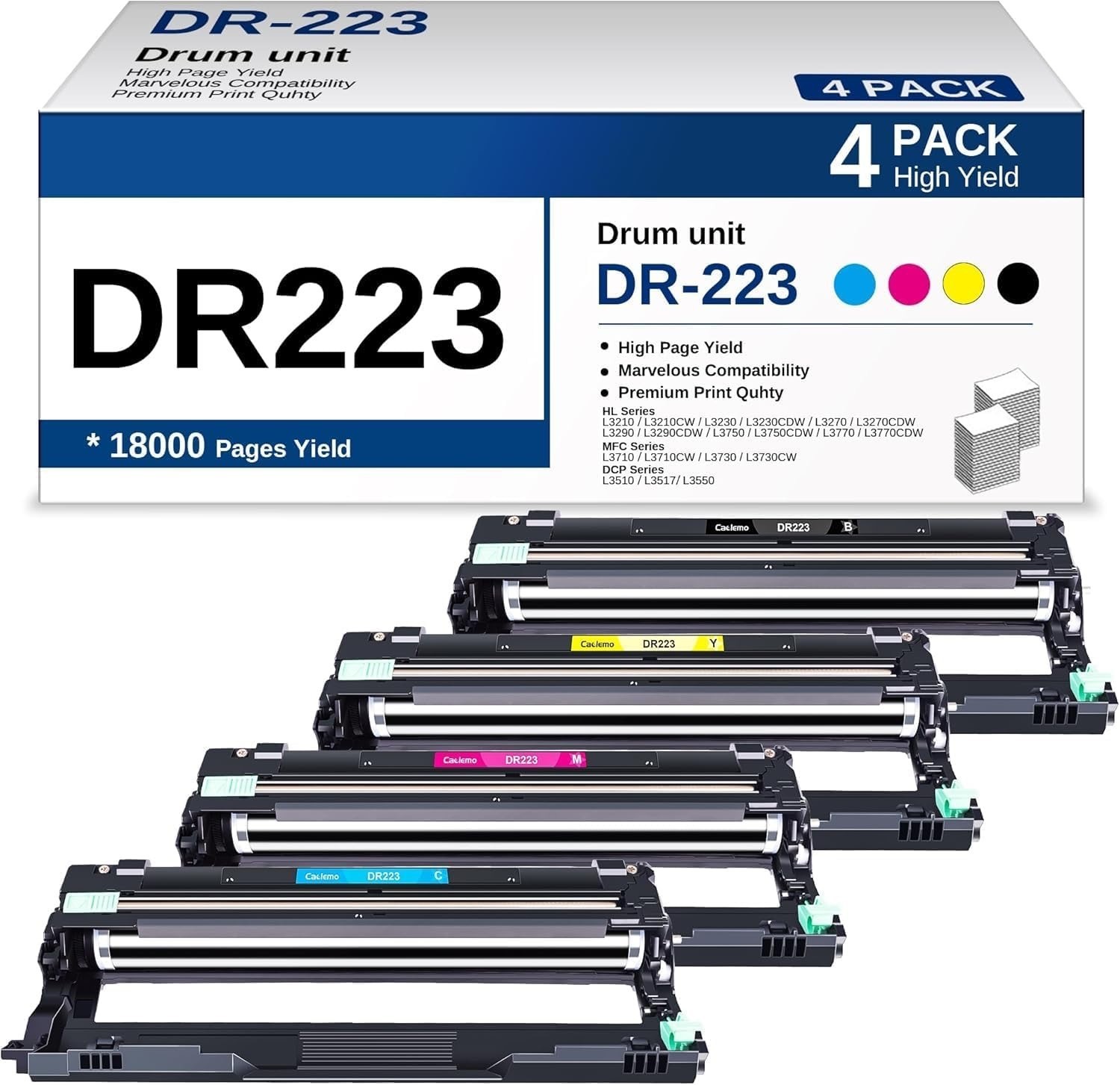 4 Pack DR-223CL Drum Unit for Brother Laser Printers Black Cyan Magenta Yellow