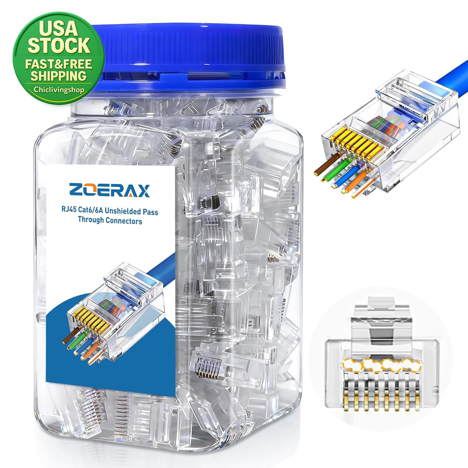 100 Pack Cat6A RJ45 Pass through Connectors Gold Plated Data Ethernet