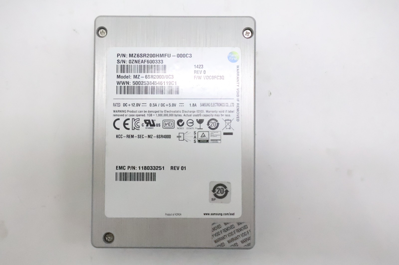 Samsung 2TB SAS 6Gbps 3.5" Enterprise SSD MZ-6SR2000/0C3 MZ6SR200HMFU-000C3 EMC