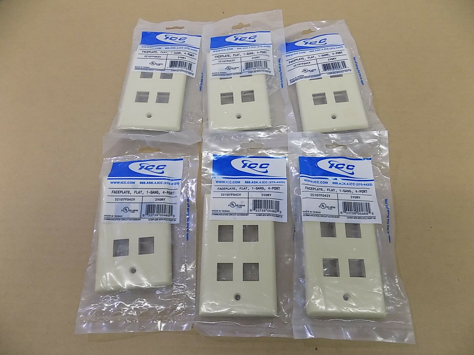 ICC TELEPHONE FACEPLATE WALL PLATE / NEW / IVORY / 1 GANG - 4 PORT / LOT OF 6