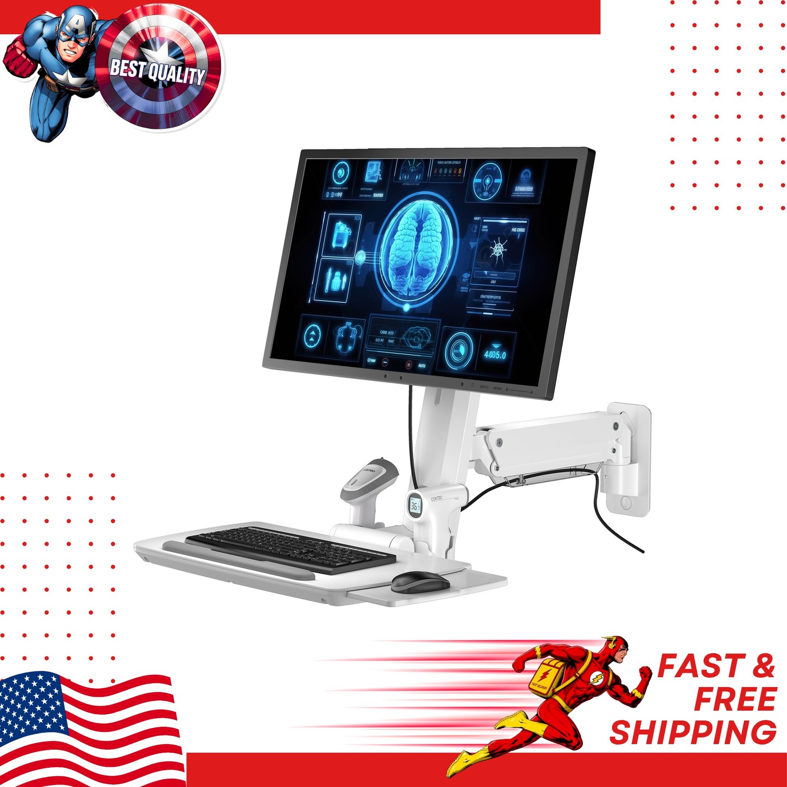 Mount Plus MED02 Medical Wall Mount Workstation Fold Keyboard Tray Monitor