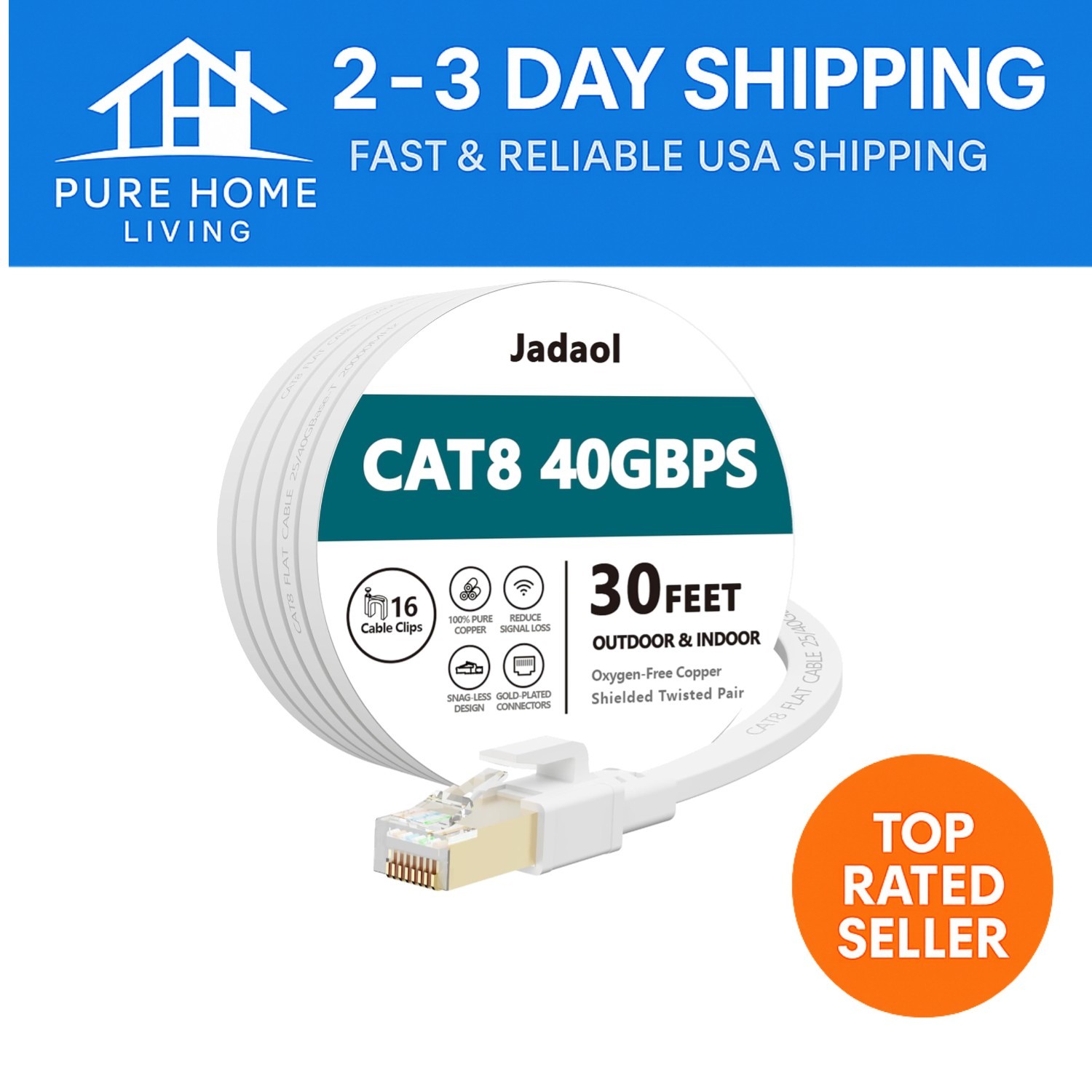 30FT Heavy Duty Cat8 Ethernet Cable – Weatherproof, High Speed for Home Office