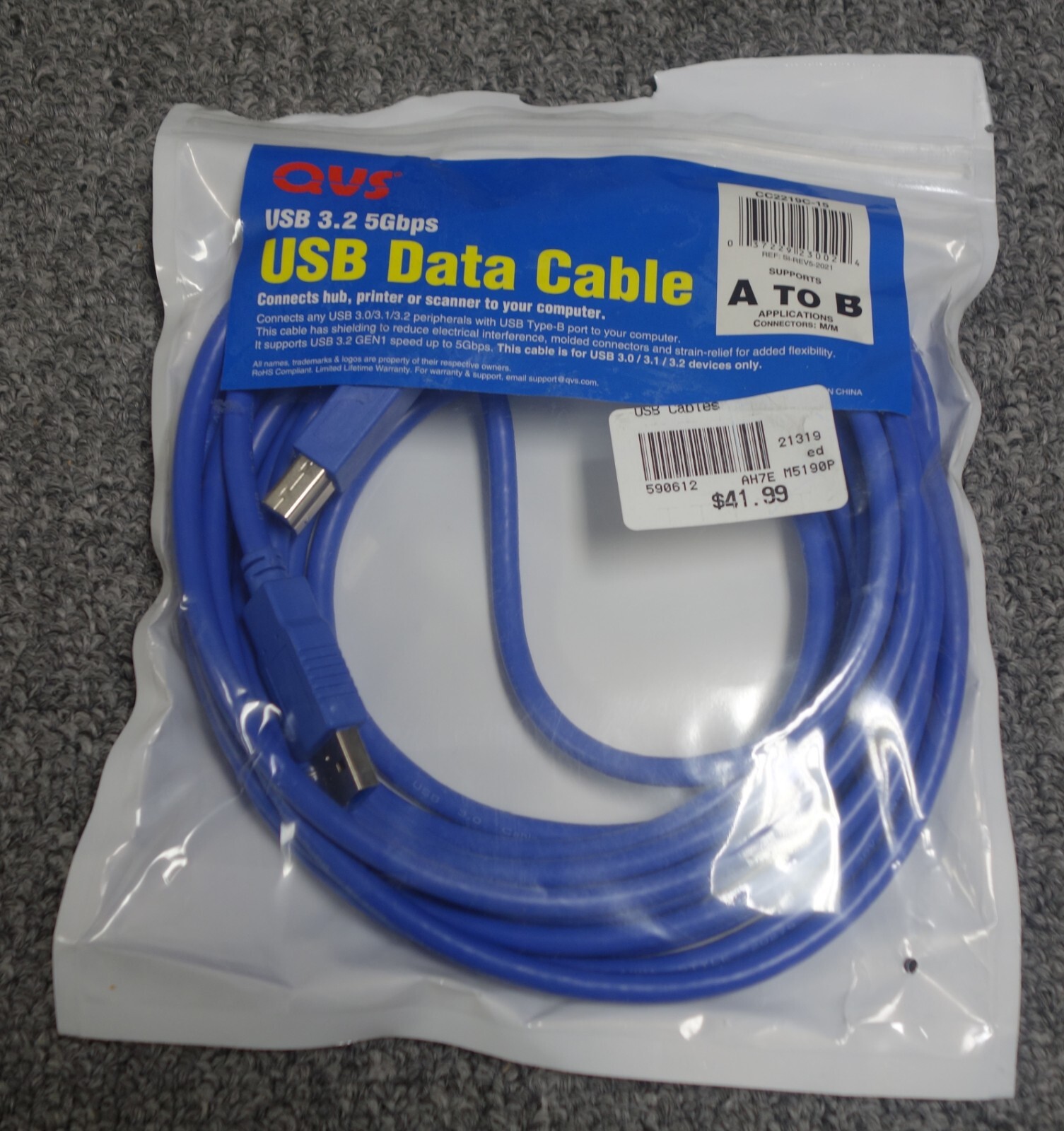 QVS USB 3.2 (Gen 1 Type-A) Male to USB 3.2 (Gen 1 Type-B) Male Cable 15 Ft. Blue