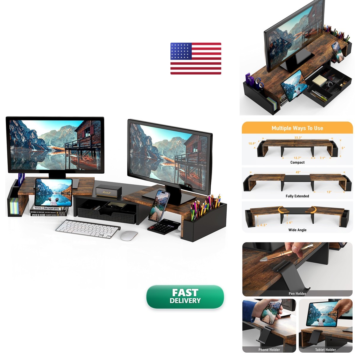 Simple Houseware Desk Dual Monitor Stand Riser with Drawer, Rustic Brown