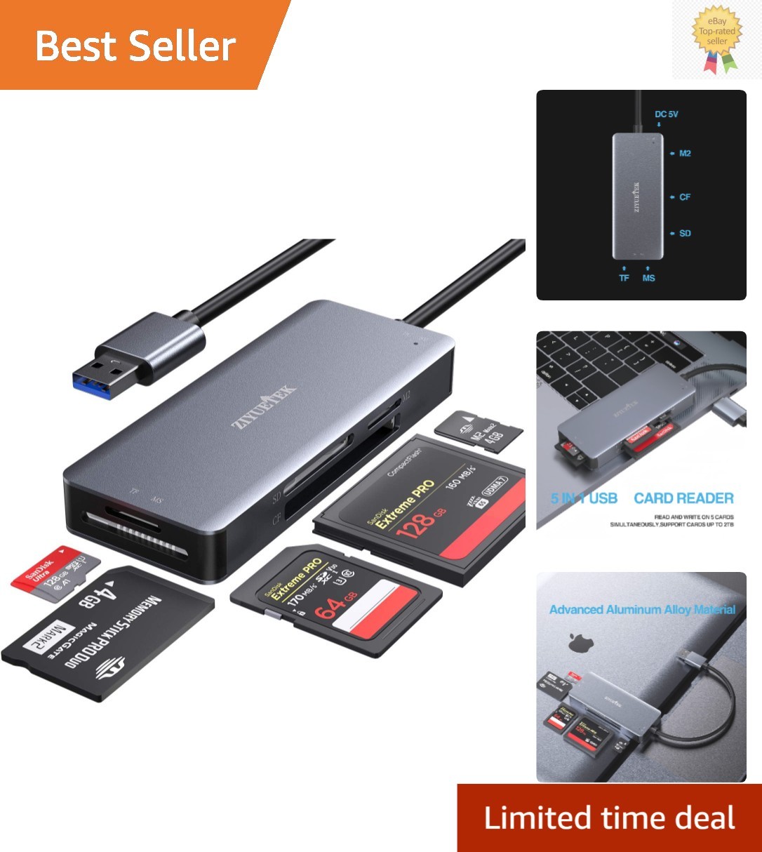 Elegant USB 3.0 Card Reader with Aluminum Shell - Reads 5 Cards Simultaneously