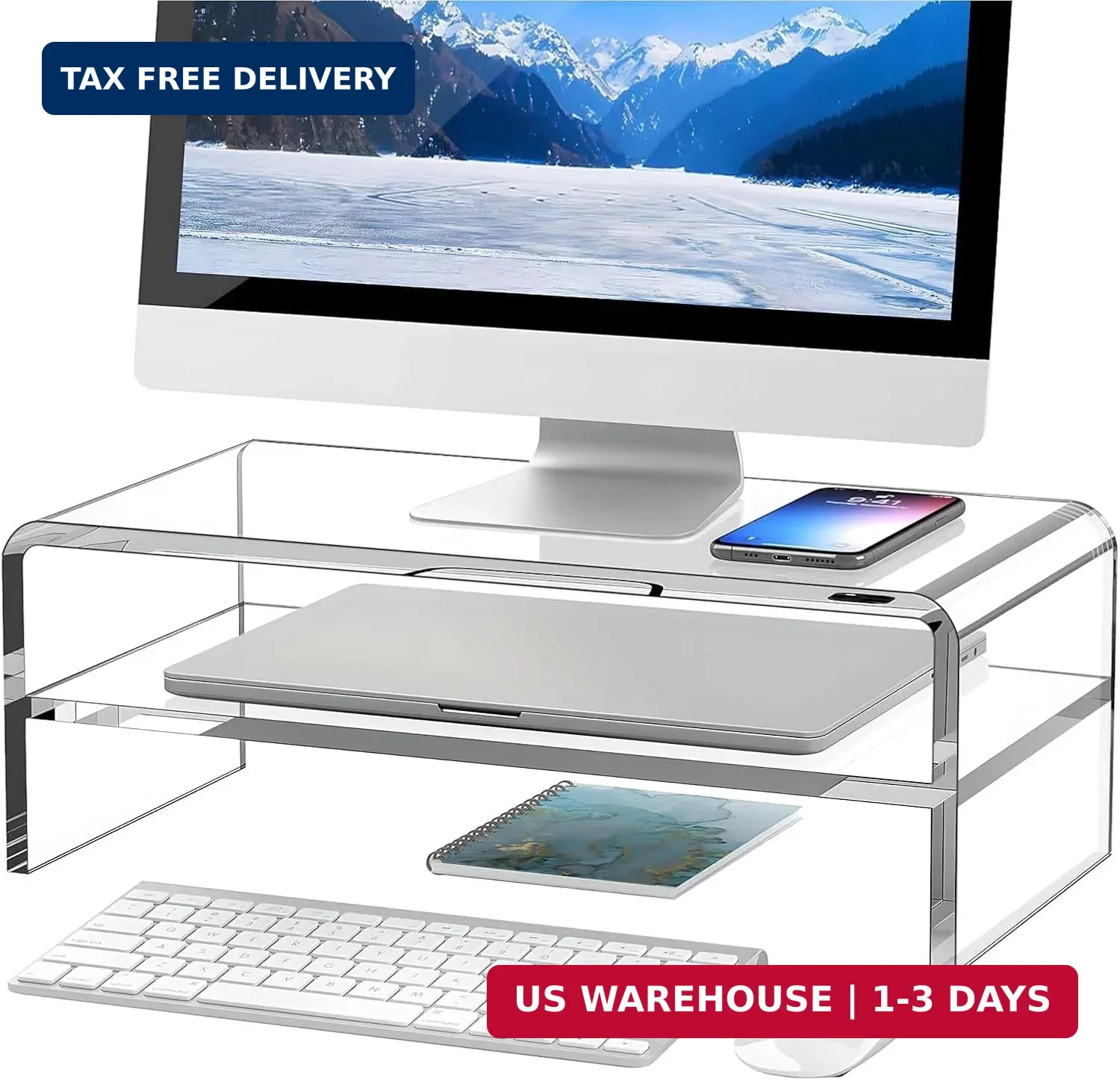 Egchi Clear Acrylic Monitor Stand Riser 2 Tier, 5.12 Inches High Clear Computer 