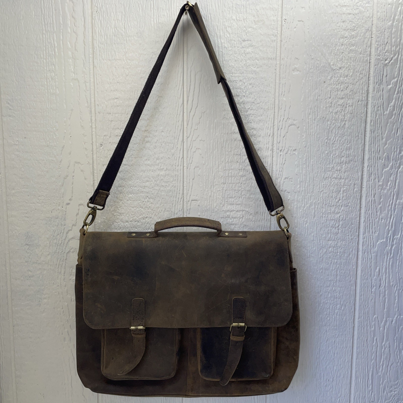 KomalC Brown Leather Briefcase Laptop Messenger Satchel Bag Distressed see Photo