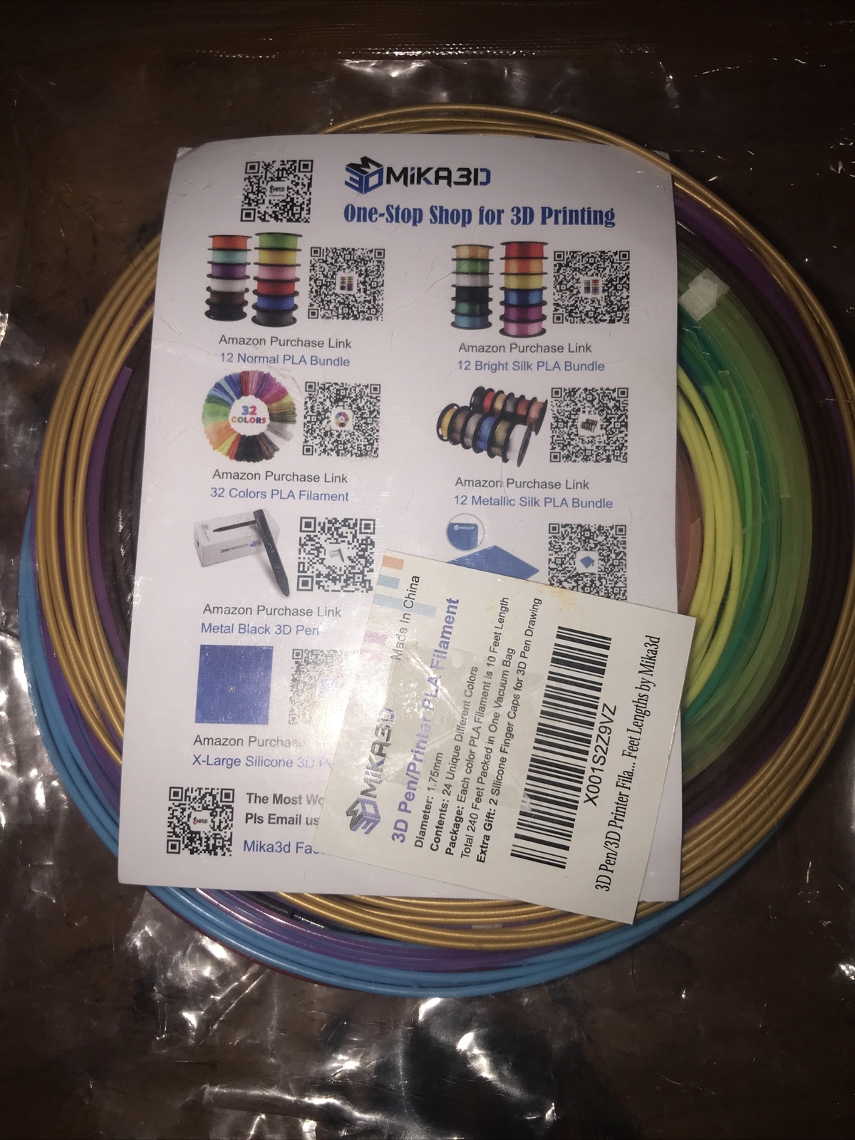 PLA Filament  Mika3D 24 Colors 3D Pen/ Printer-Each Color 10 Feet Total 240’