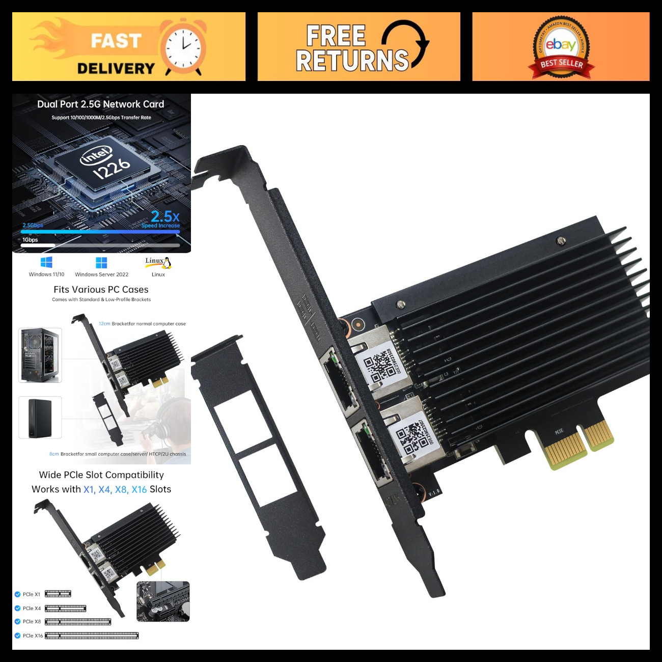 Dual Port 2.5G Network Card PCIe Ethernet Adapter RJ45 for Windows 10/11, Low Pr
