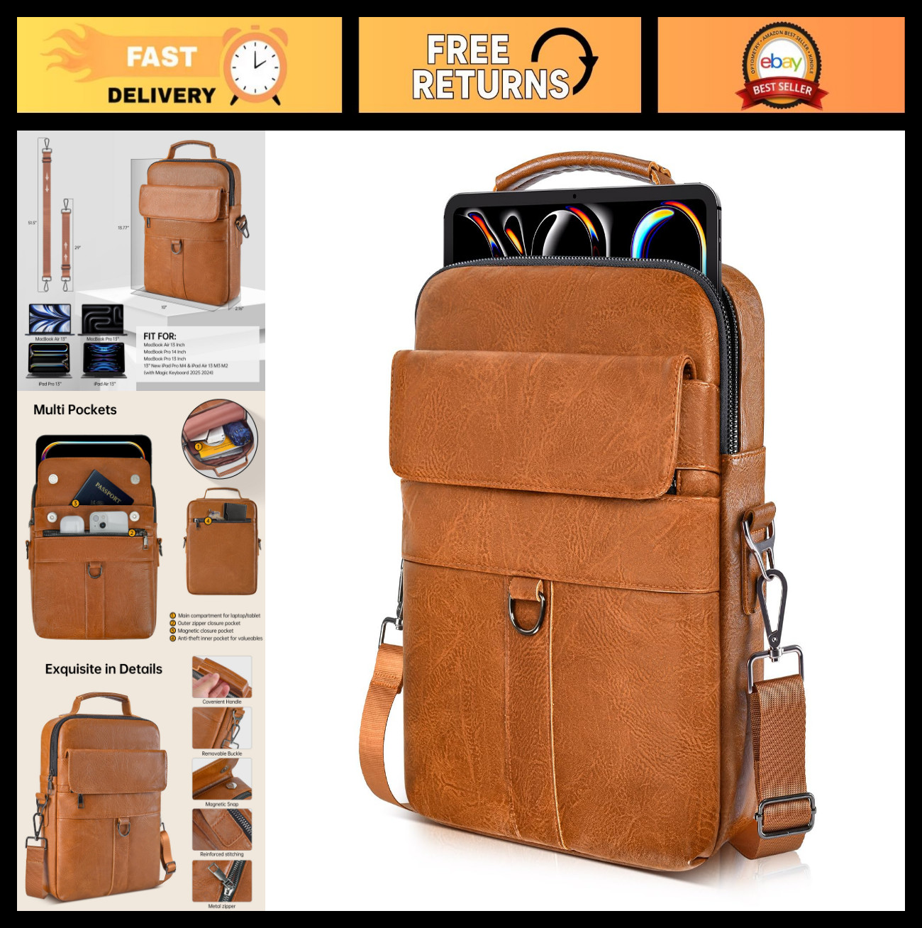 13" Leather Laptop Shoulder Bag Case for MacBook Air & Pro - Stylish & Durable