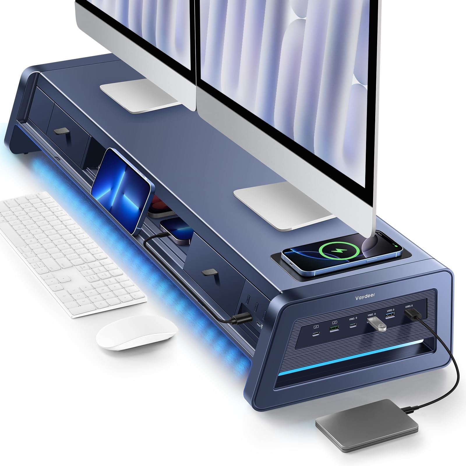 Vaydeer All-in-One Dual Monitor Stand Riser with 2 Drawers, 8USB Ports and Wi...