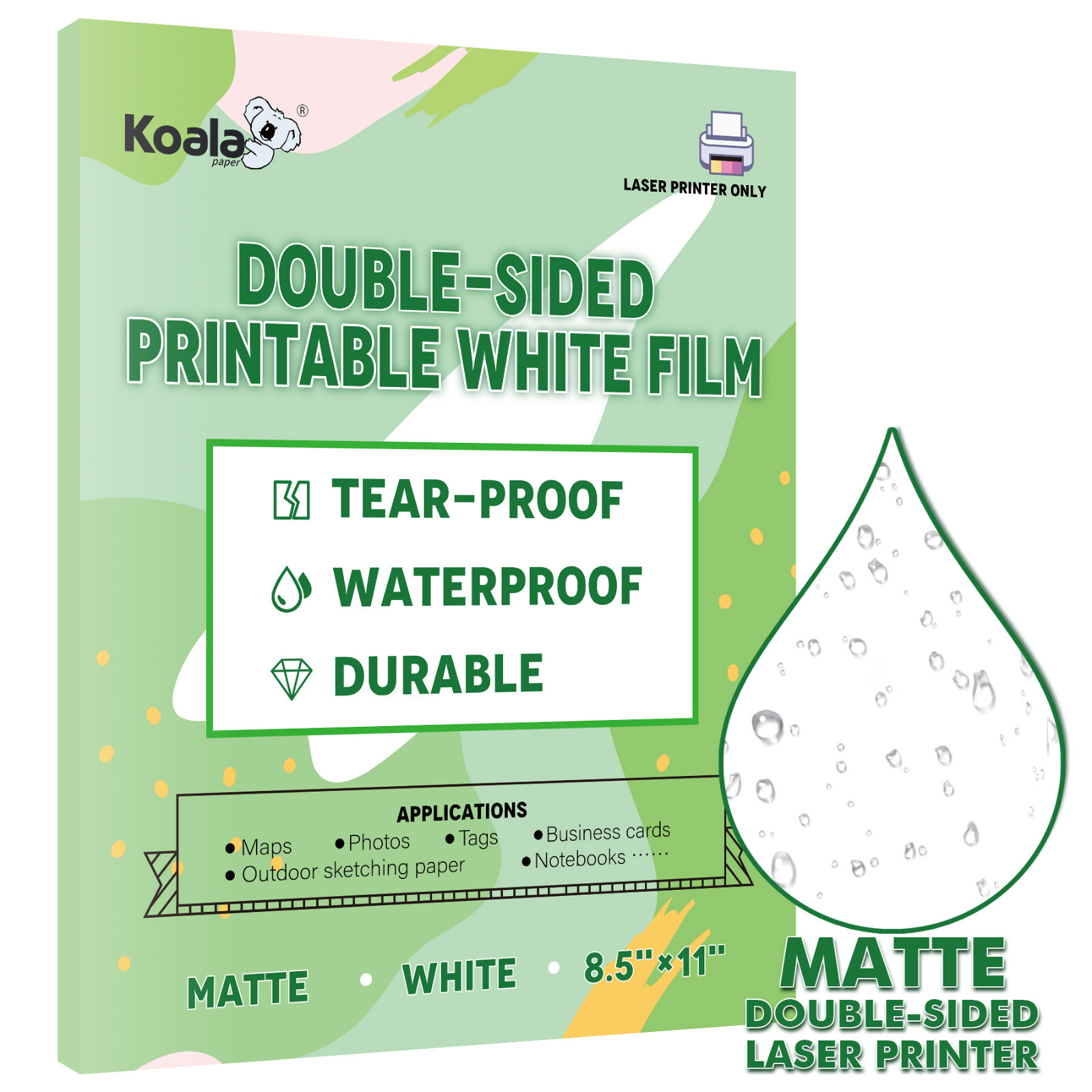 Koala Double Sided Printable Waterproof Printer Paper for Laser 8.5x11 Outdoor