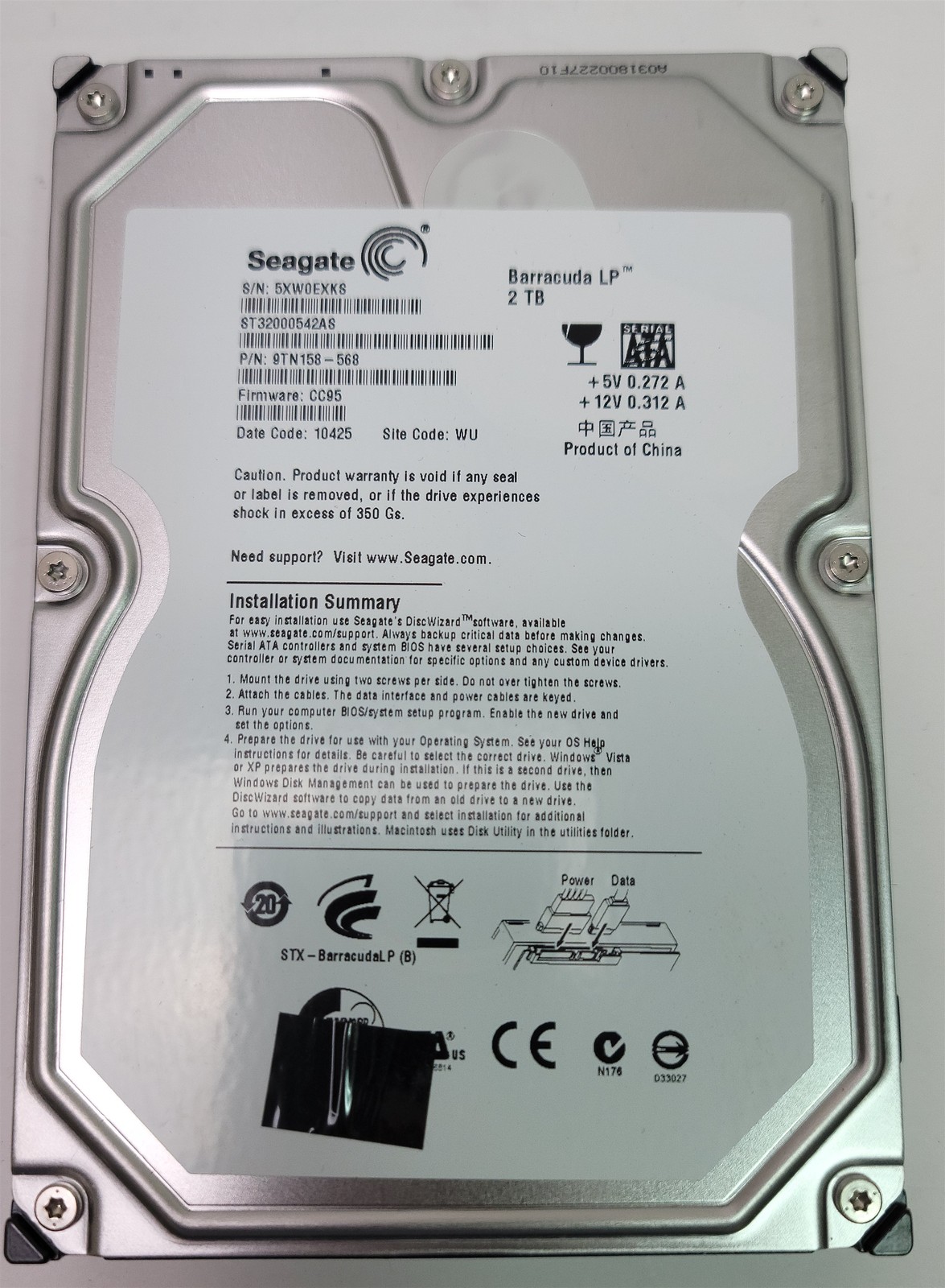 Seagate ST32000542AS HDD ,3.5", 2TB, SATA 300/ATA8-ACS, Tested w/ pics