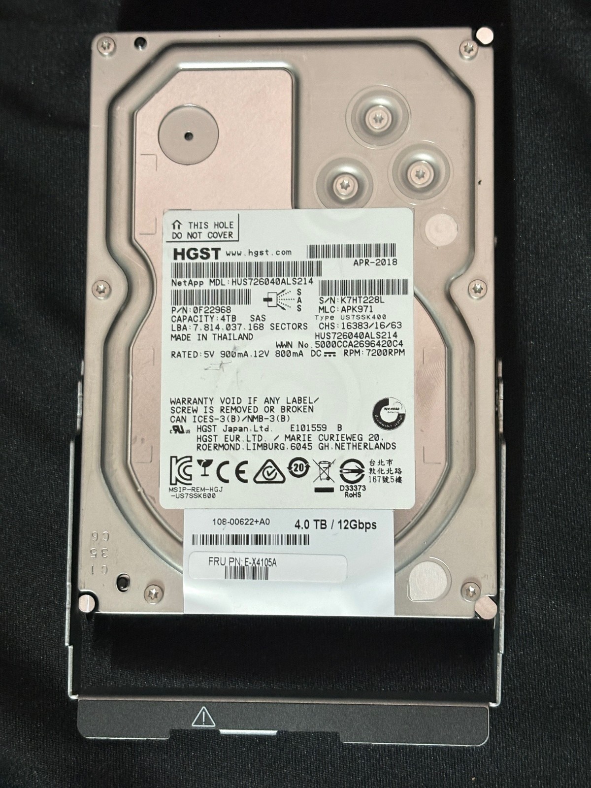NetApp E-X4105A  4TB SAS Disk Drive - PI - 12Gbps - HUS726040ALS214 - 0F22968