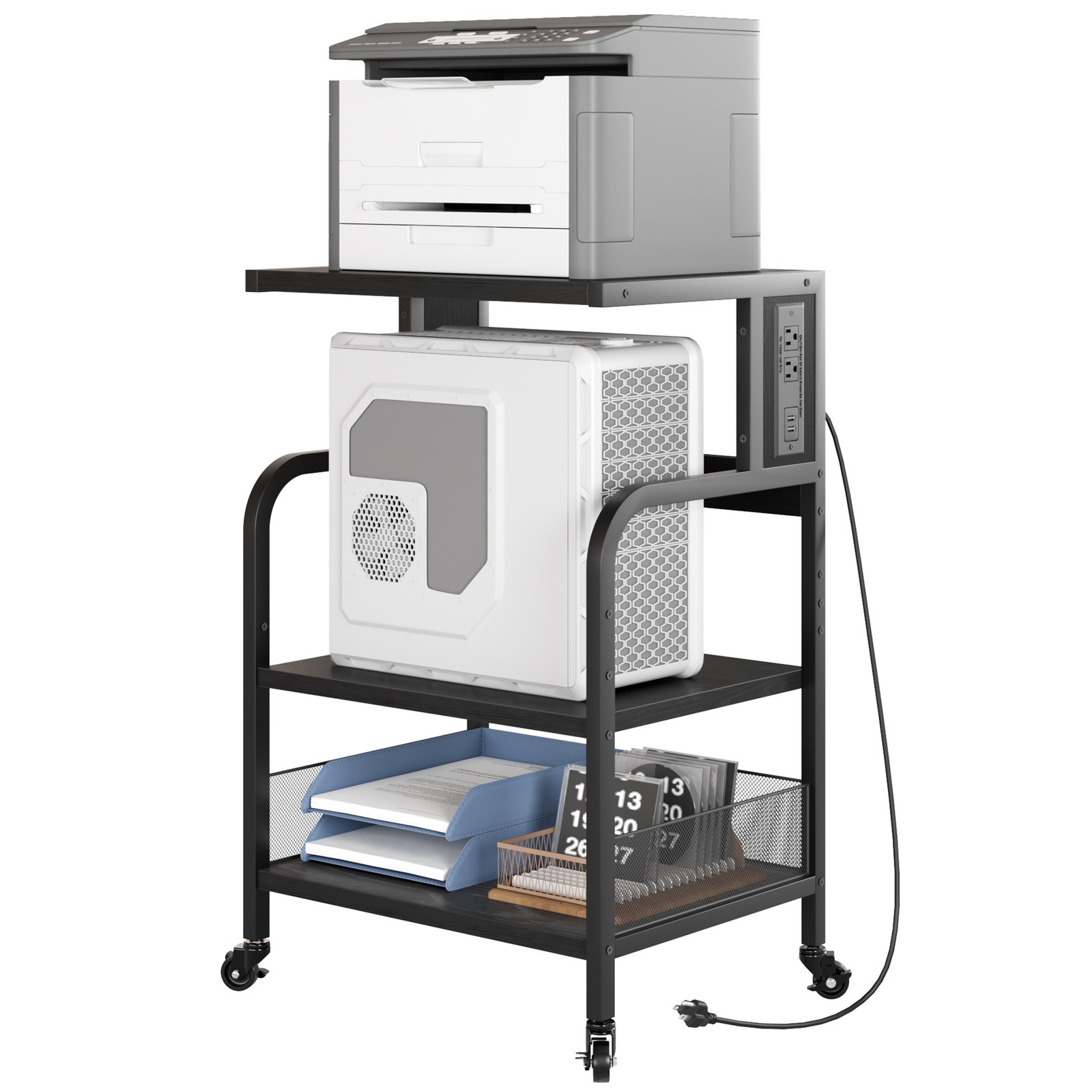 3-Tier Rolling Printer Stand with Storage Shelves and Castors
