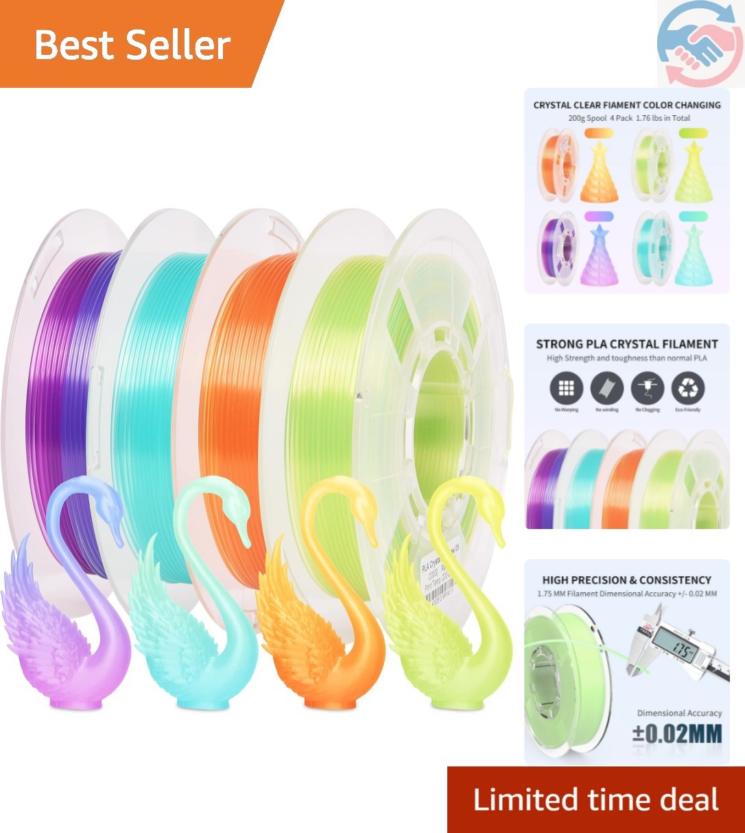 Transparent Multicolor Rainbow Filament, Crystal Rainbow PLA Clear 3D Printer...
