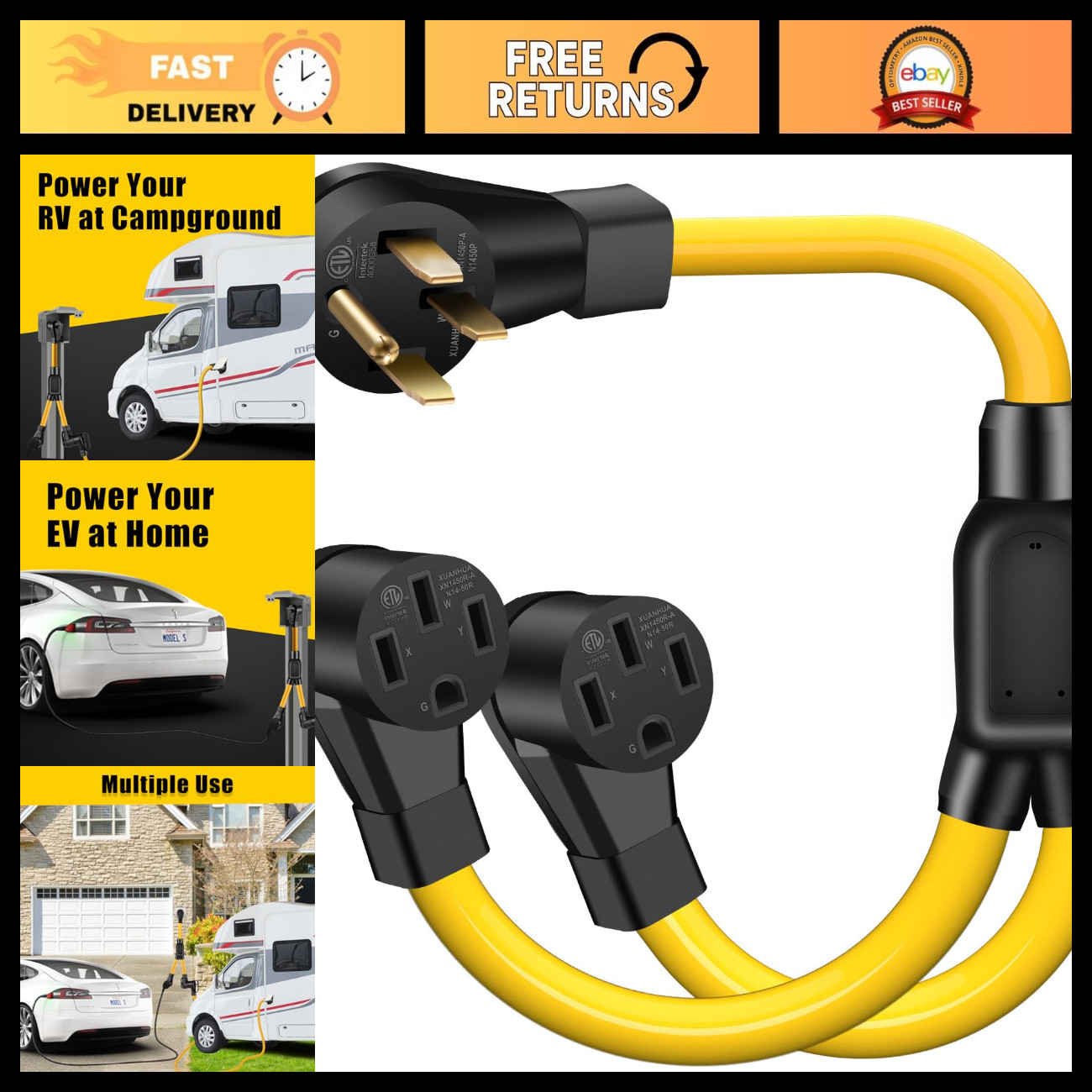 50 Amp Y Splitter Adapter Cord for RV/EV, 250V 4 Prong NEMA 14-50P to 2X 14-50R,