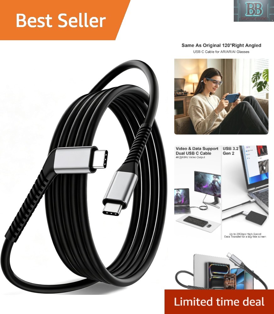 Versatile USB-C Cable for AR Glasses, Laptops & Smartphones - 6FT Length