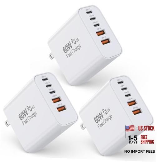 Pack Apple 17 Pro Max Charger Fast Charging,PD 60W 5 in 1 Multiport USB 3 White