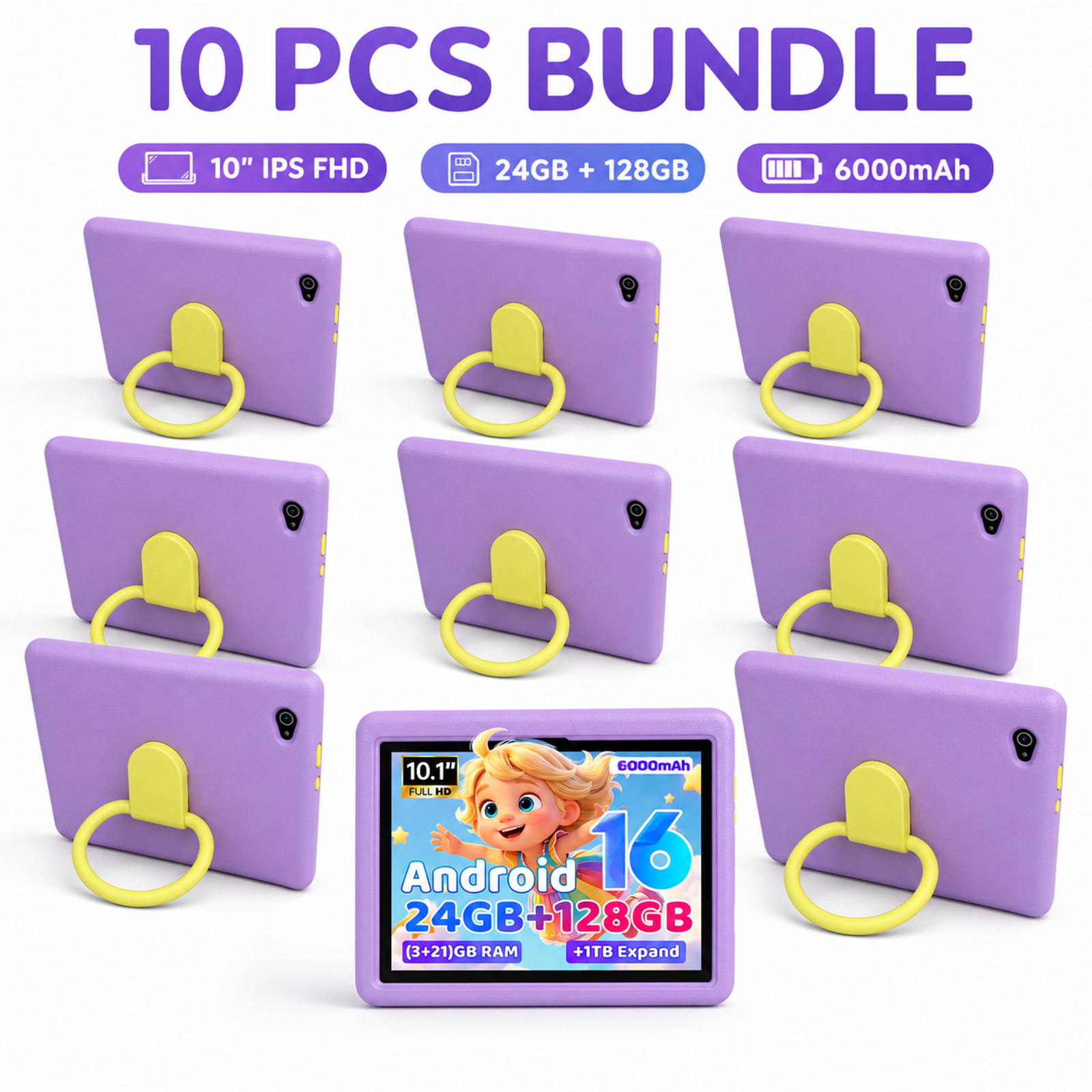 10PCS Kids Tablet 24GB+128GB WiFi 5G Android 16 Five-Core For 3-15Year Learning