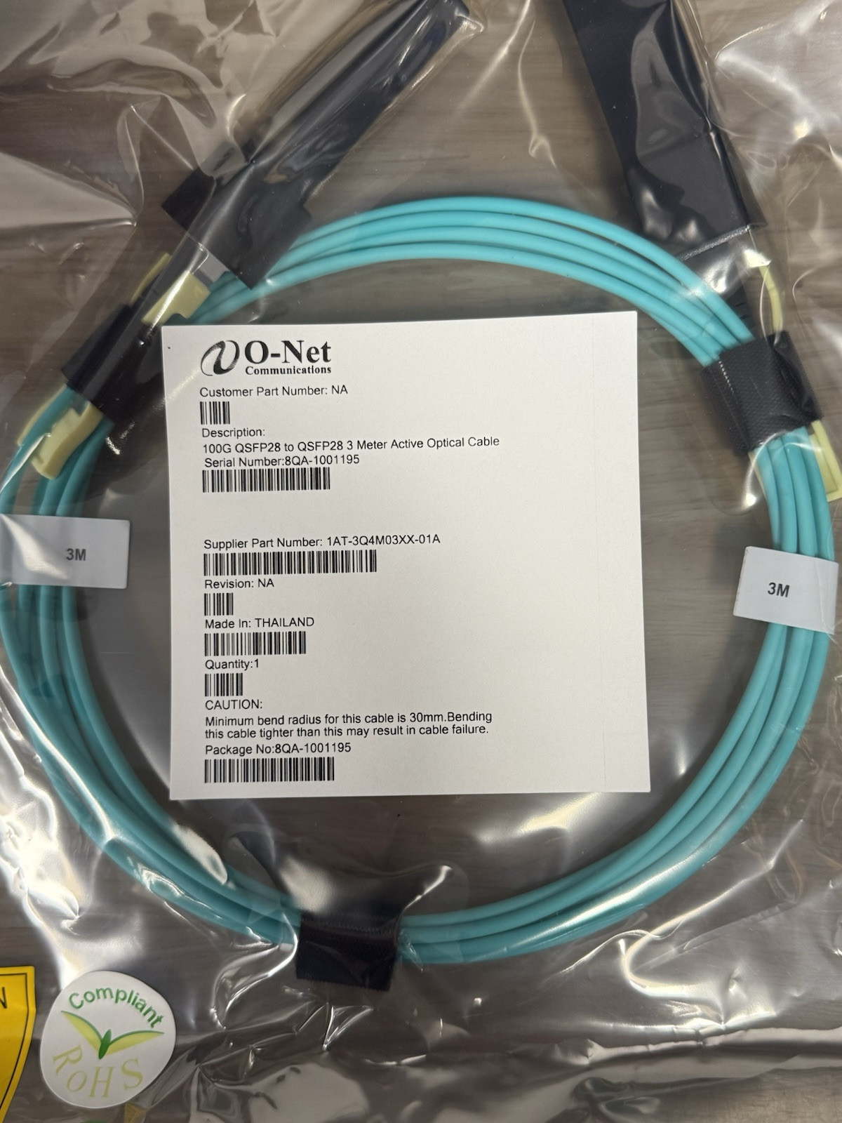 O-Net 100G QSFP28 to QSFP28 3M Active Optical Cable 1AT-3Q4M03XX-01A