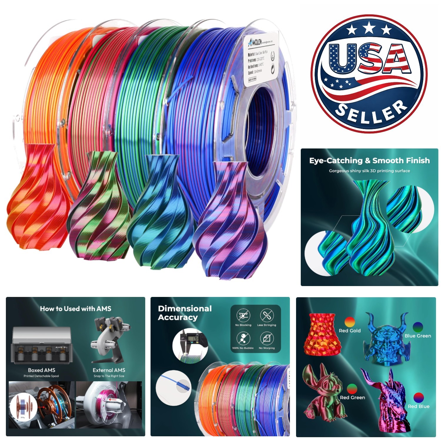 Dual Color Silk PLA Filament 1.75mm - 4 Spools for Flawless Printing