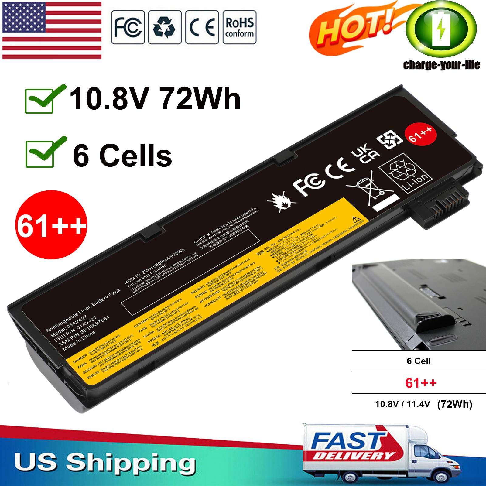 ✅61++ for Lenovo ThinkPad T470 T480 T570 T580 01AV424 01AV425 01AV423 Battery