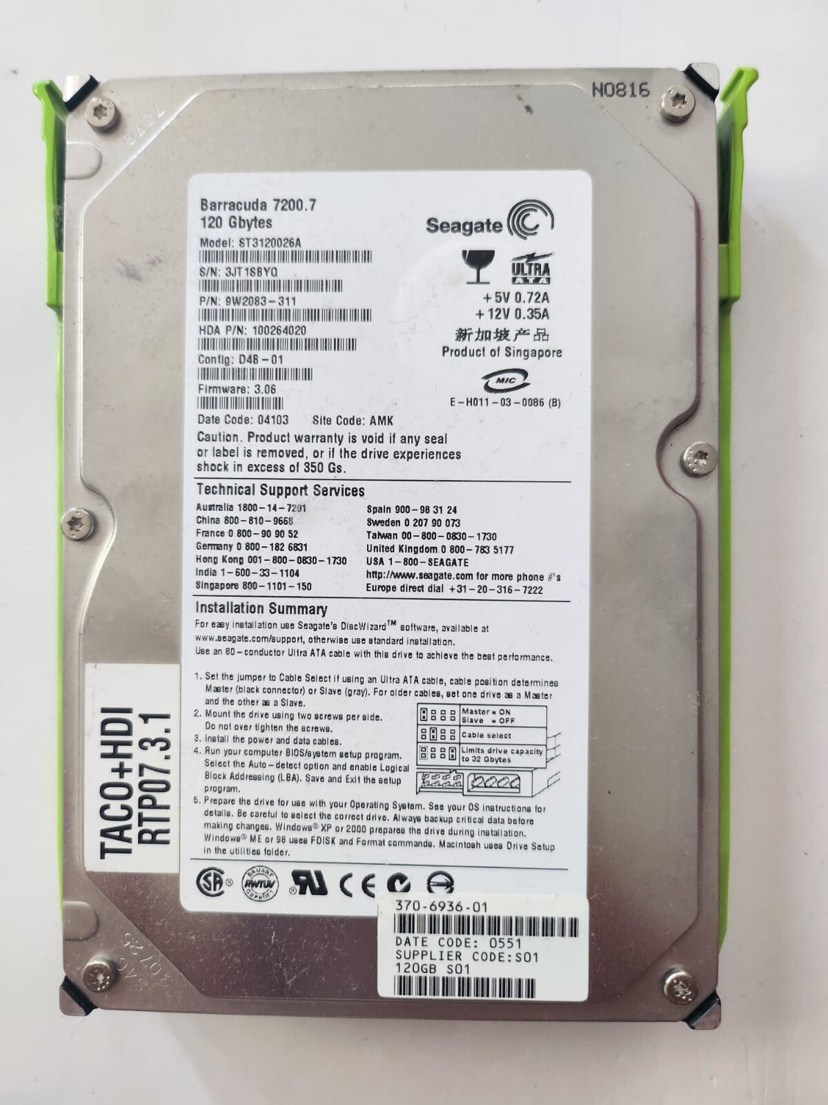 SUN MICROSYSTEMS SUN BLADE 1500 370-6936 Seagate BARRACUDA 7200.7 120GBYTES ST31