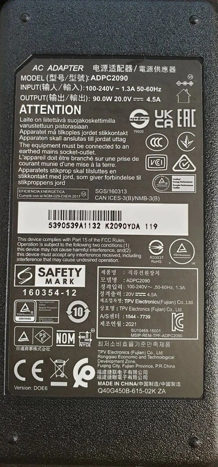 New TPV 20V 4.5A Adapter for AOC C27G2ZU/BK ADPC2090 Gaming Monitor