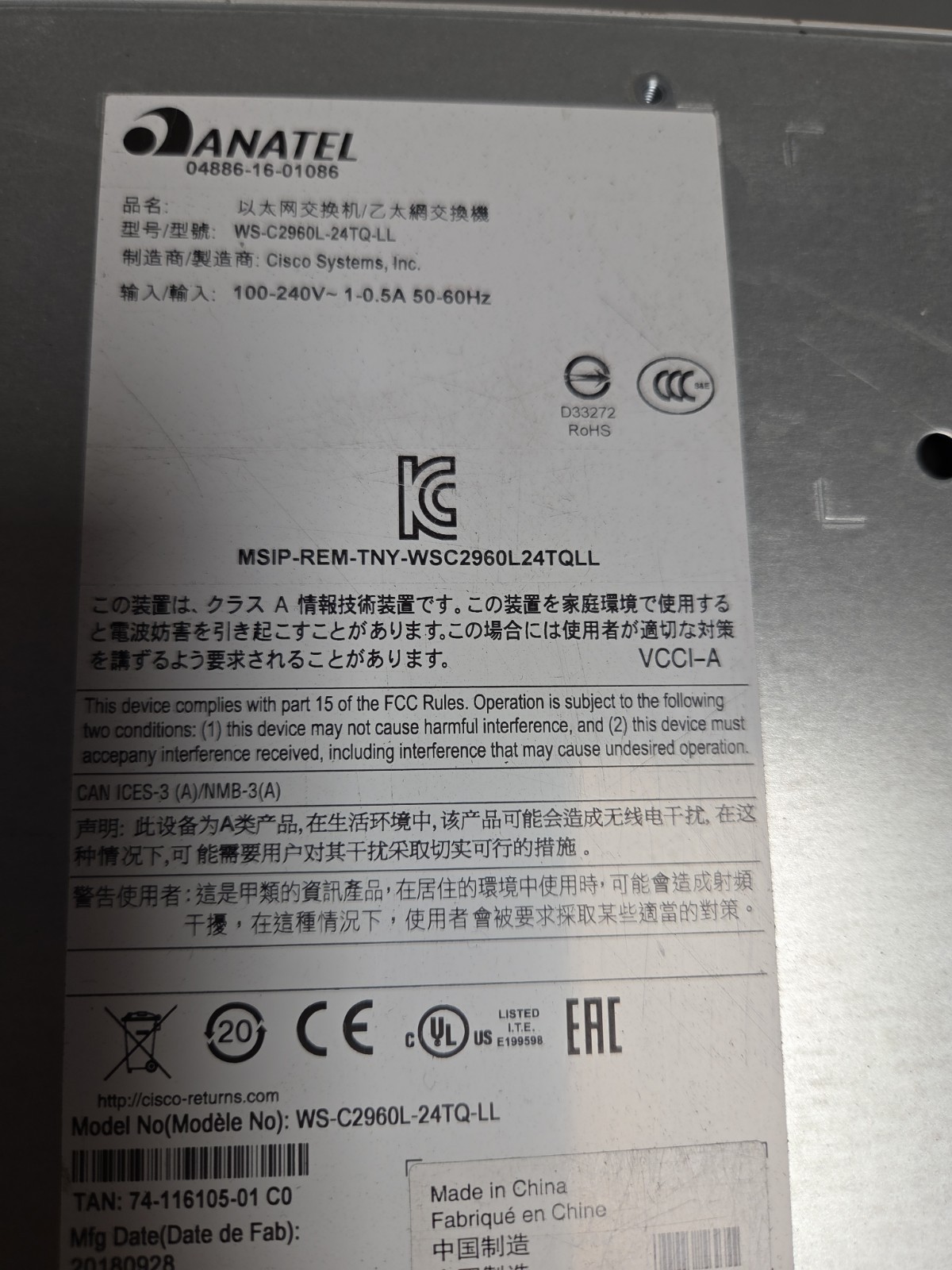 Cisco Anatel Catalyst 2960-X Series Switch WS-C2960L 24TQ LL
