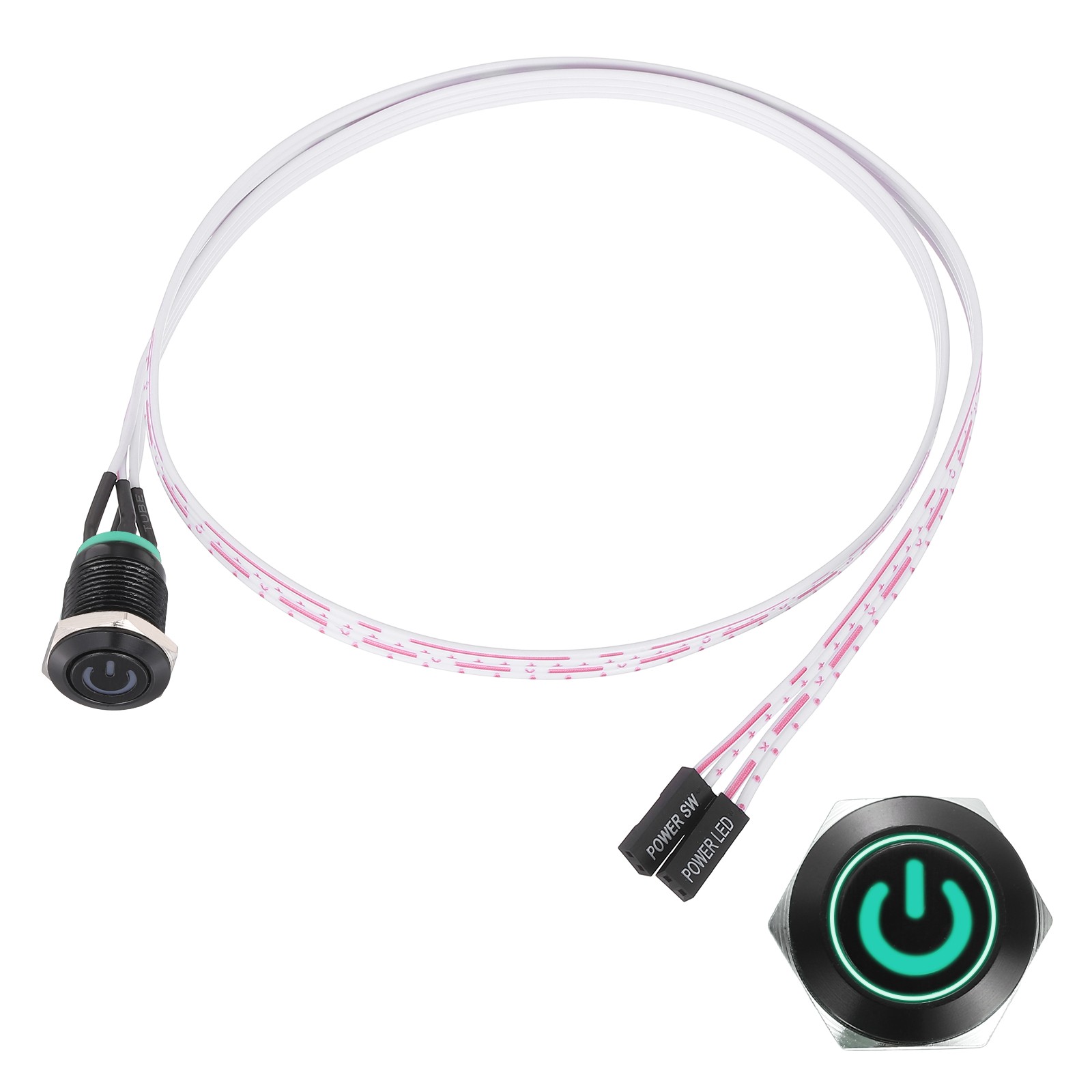 Chassis Metal Button 12mm Power Symbol Green LED Power Button 60cm Wire Black