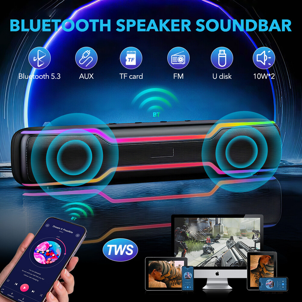 20W Bluetooth RGB Gaming Computer Speaker Deep Bass for PC Laptop TWS Sound Bar