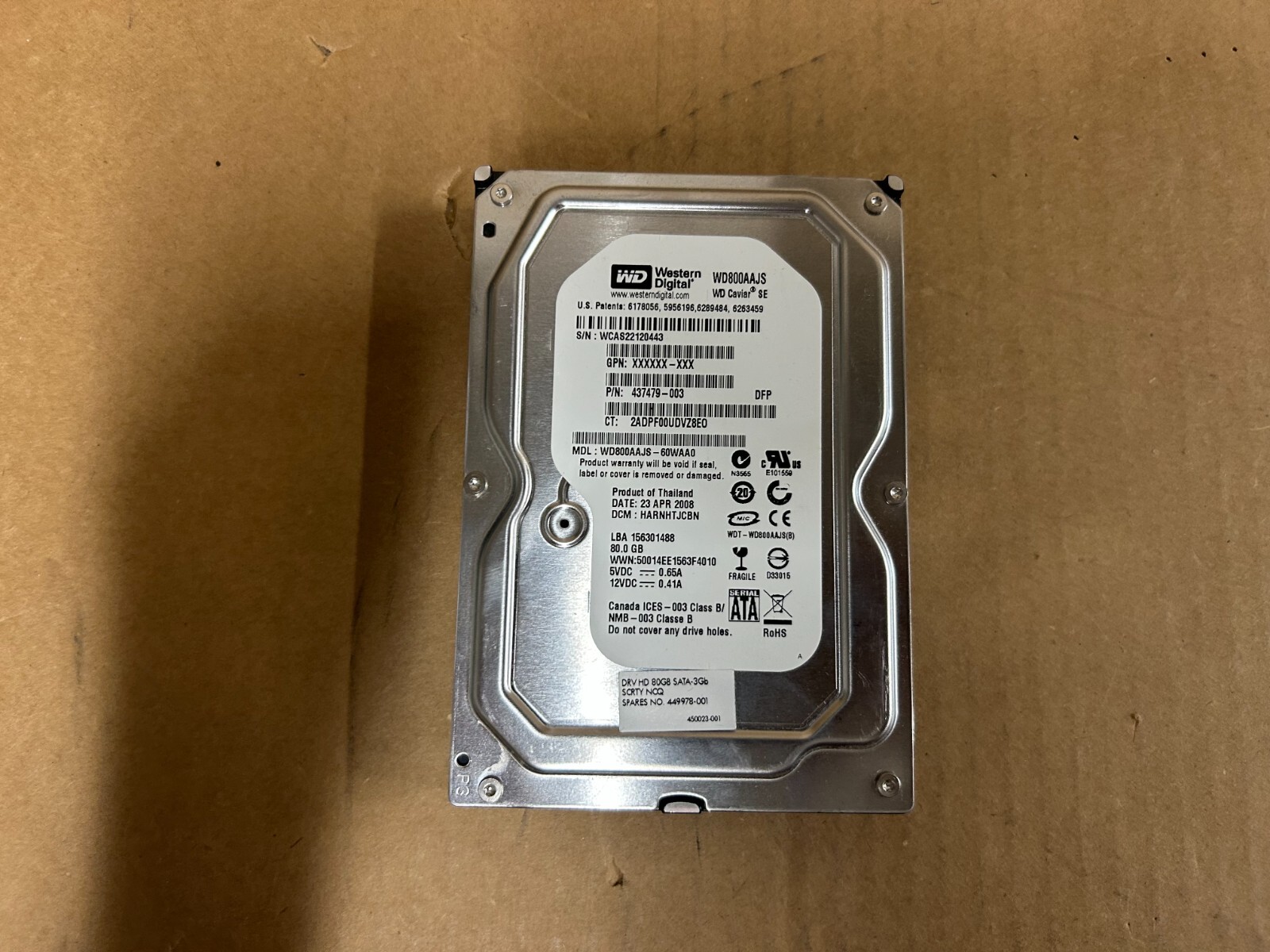 WD WD800AAJS-60WAA0 437479-003 80GB 7.2K RPM 8MB CACHE SATA 3.5" HDD