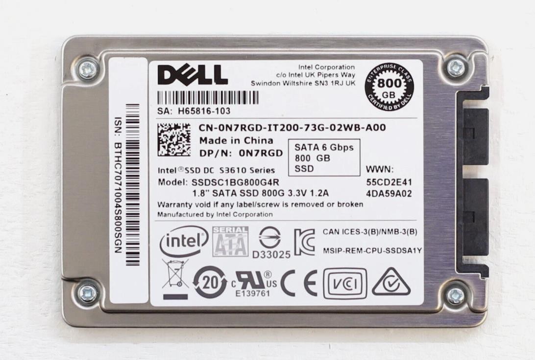 Dell SSDSC1BG800G4R 800GB 1.8" 6Gb/s SATA Solid State Drive Dell P/N: 0N7RGD