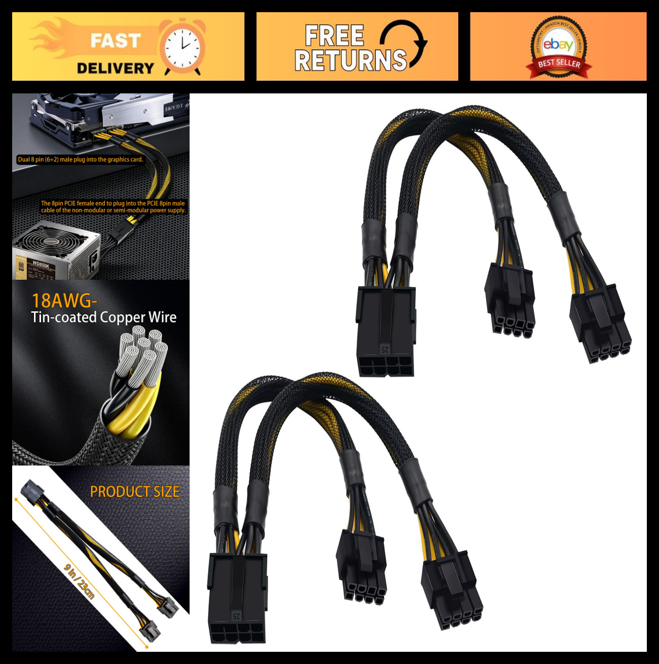 8 Pin PCIe Splitter Cable 2-Pack, Dual 6+2 Pin Male Power Adapter, 9" Braided Ex