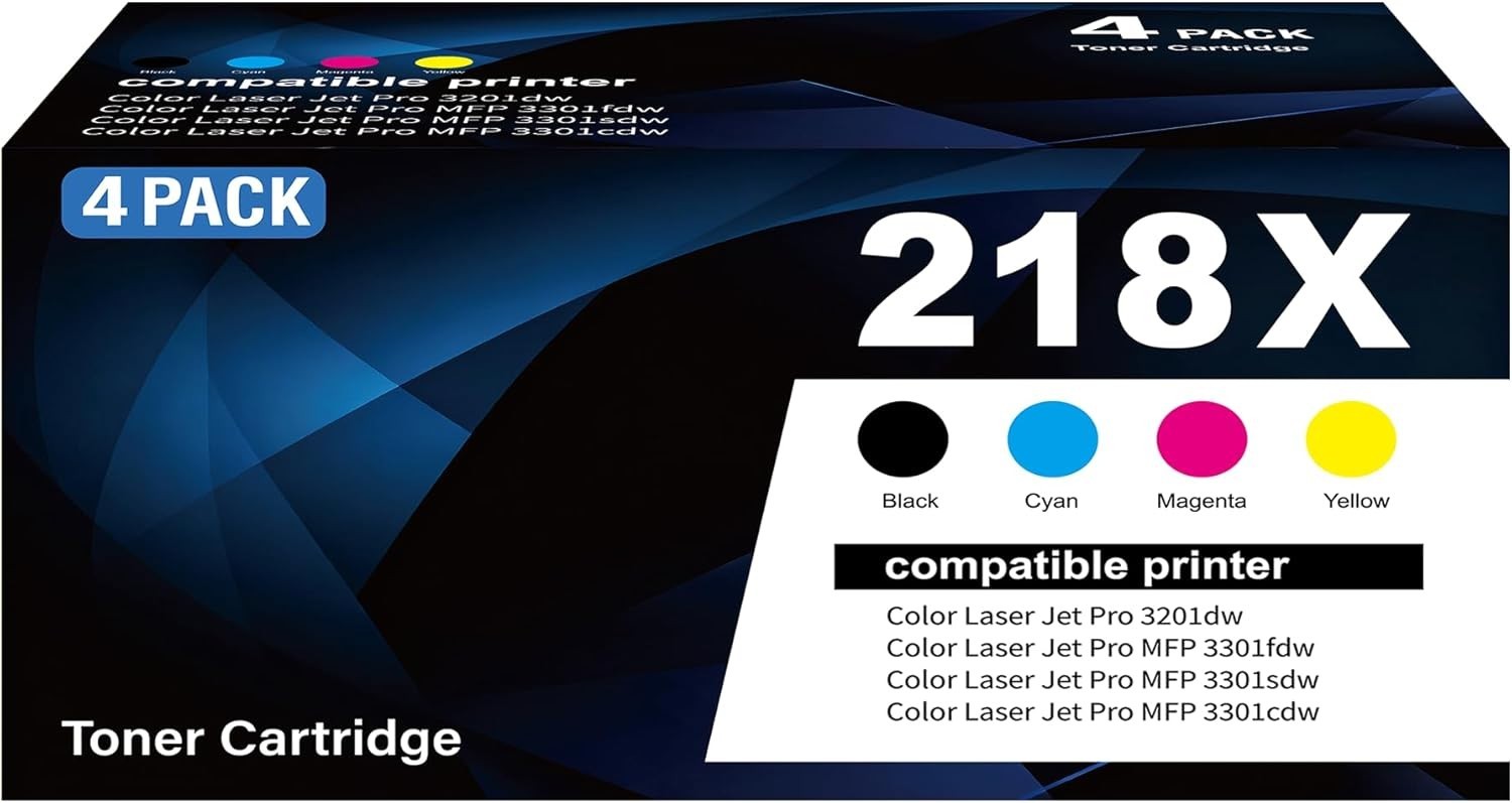 Compatible w/ HP 218X 218A Toner Set 4 Pack w Chip for 3301fdw 3201dw Printers
