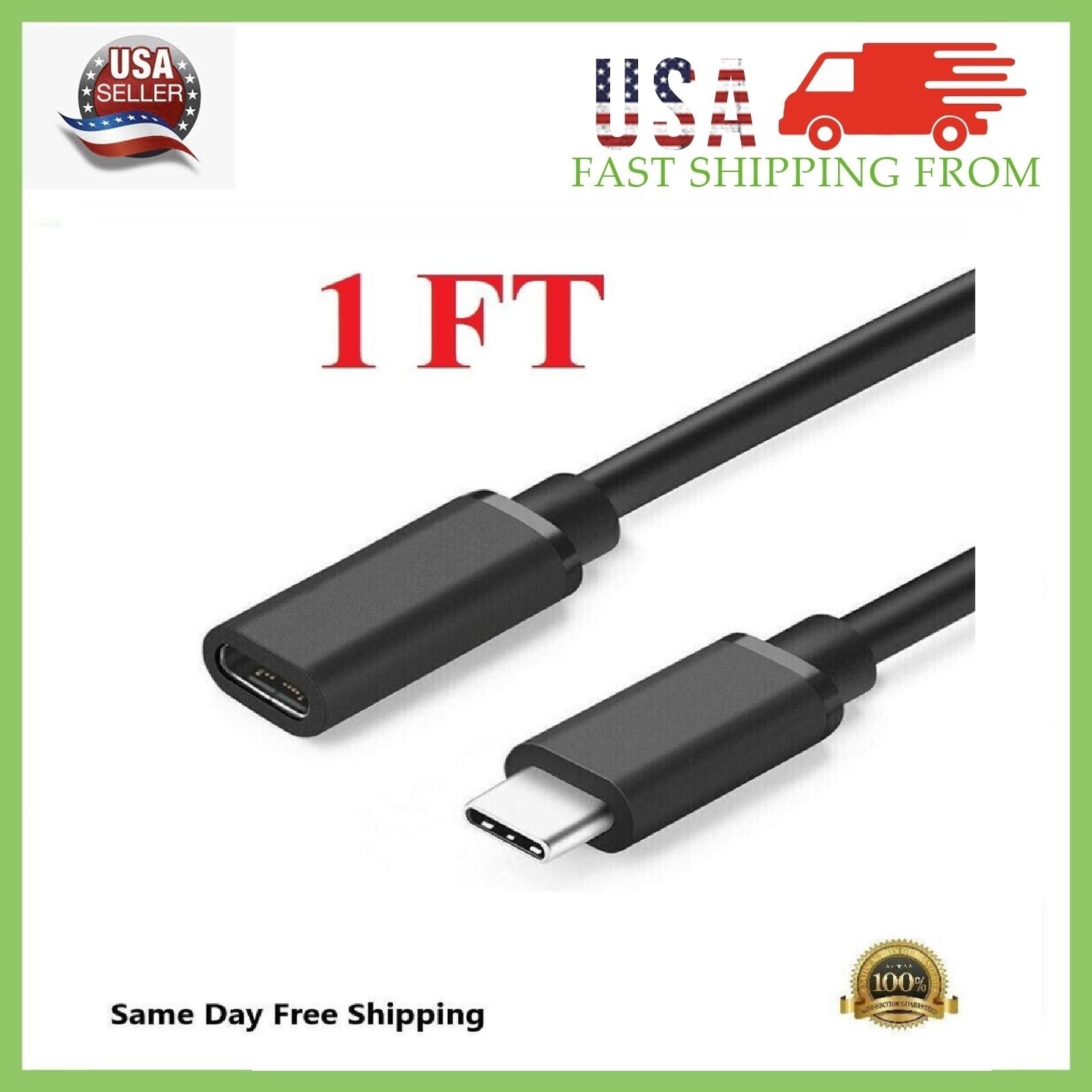 1/3/6 Feet Type C USB 3.1 Male to USB-C Female Extension Data Cable Cord Black