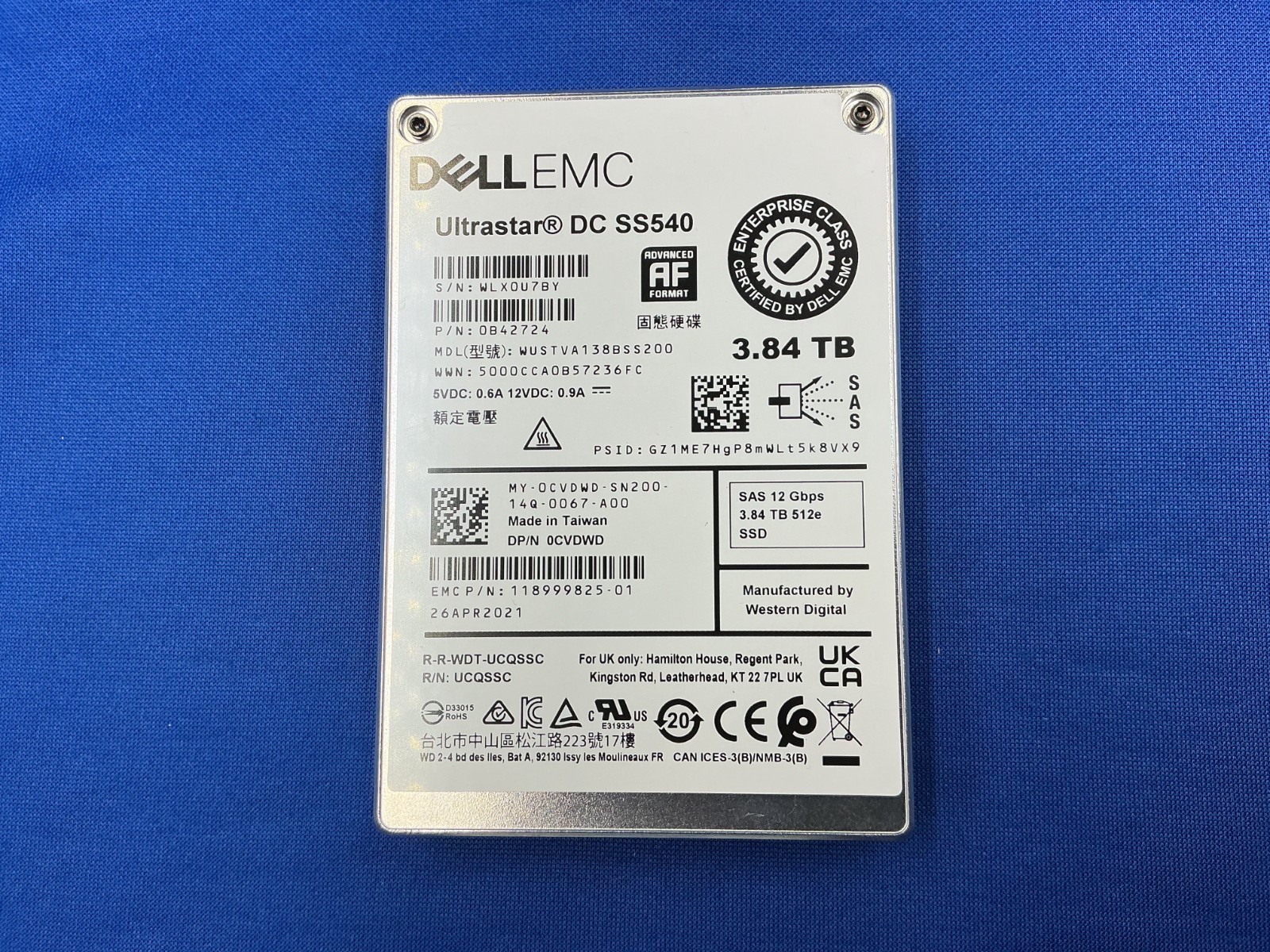 CVDWD 0CVDWD DELL EMC DC SS540 3.84TB SAS 12Gbps RI 2.5" SSD WUSTVA138BSS200