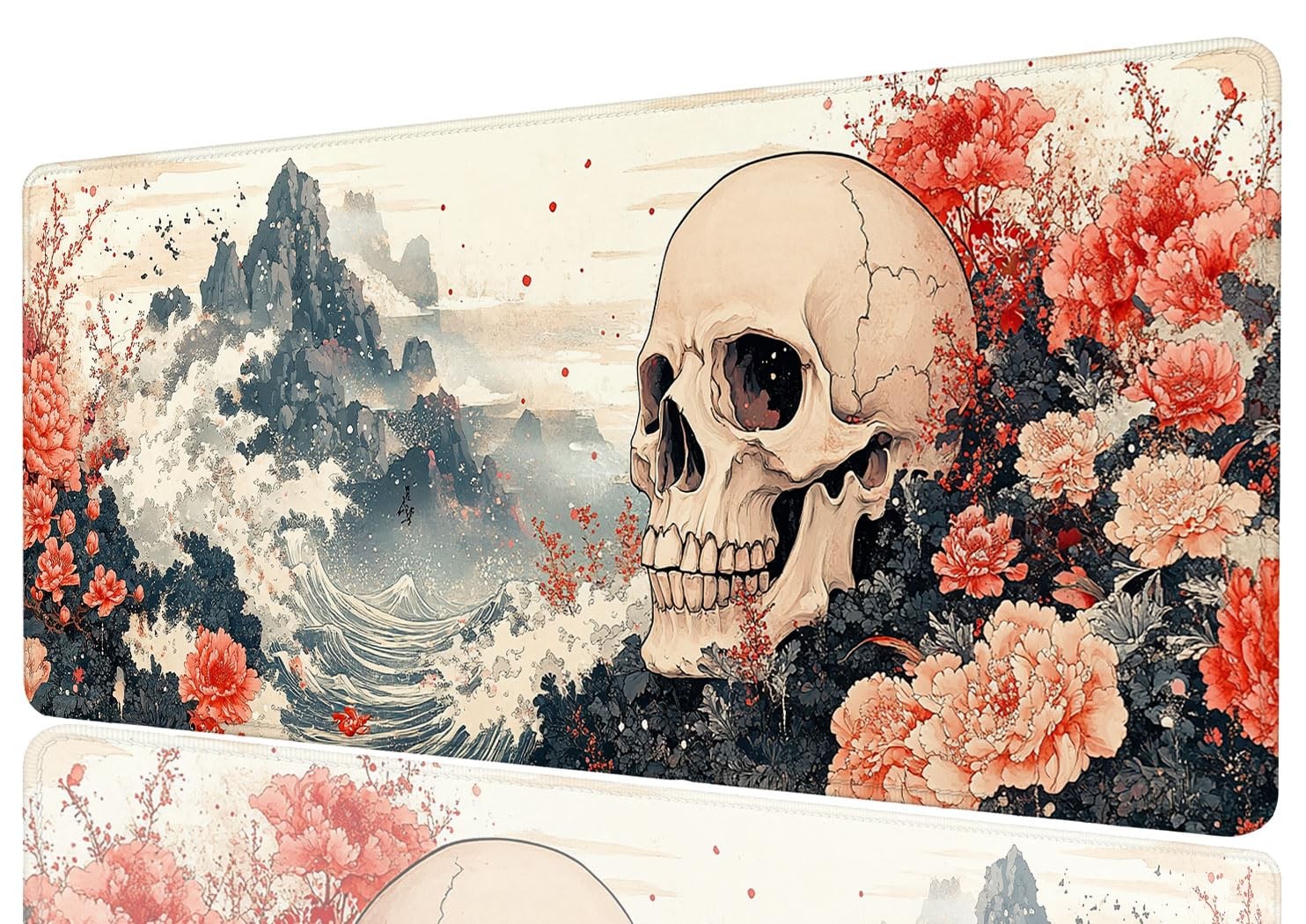 Skull Flower Desk Mat Gothic Red Peony Ink Mousepad XL 31.5x11.8 Inches